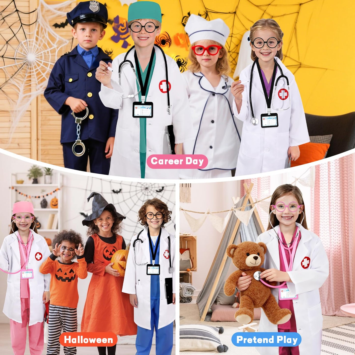 Wuclad 12 PCS Doctor Costume for Kids,Scrubs with White Lab Coat/Nurse Costume for Kids Set,Career Day Costume for Boys Girls (Pink, 5-6 Years)