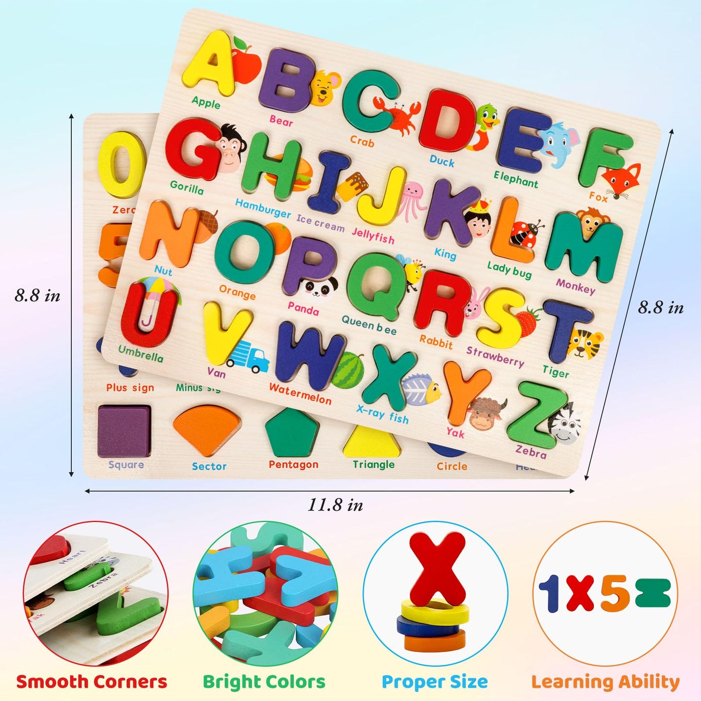 Attmu Wooden Puzzles for Toddlers, 2 Pcs Alphabet Puzzle ABC Shape Number Puzzle Patterns, Learning Toys for Kids, Preschool Educational Activities Toddler Gift Toys for Girls Boys Christmas Easter