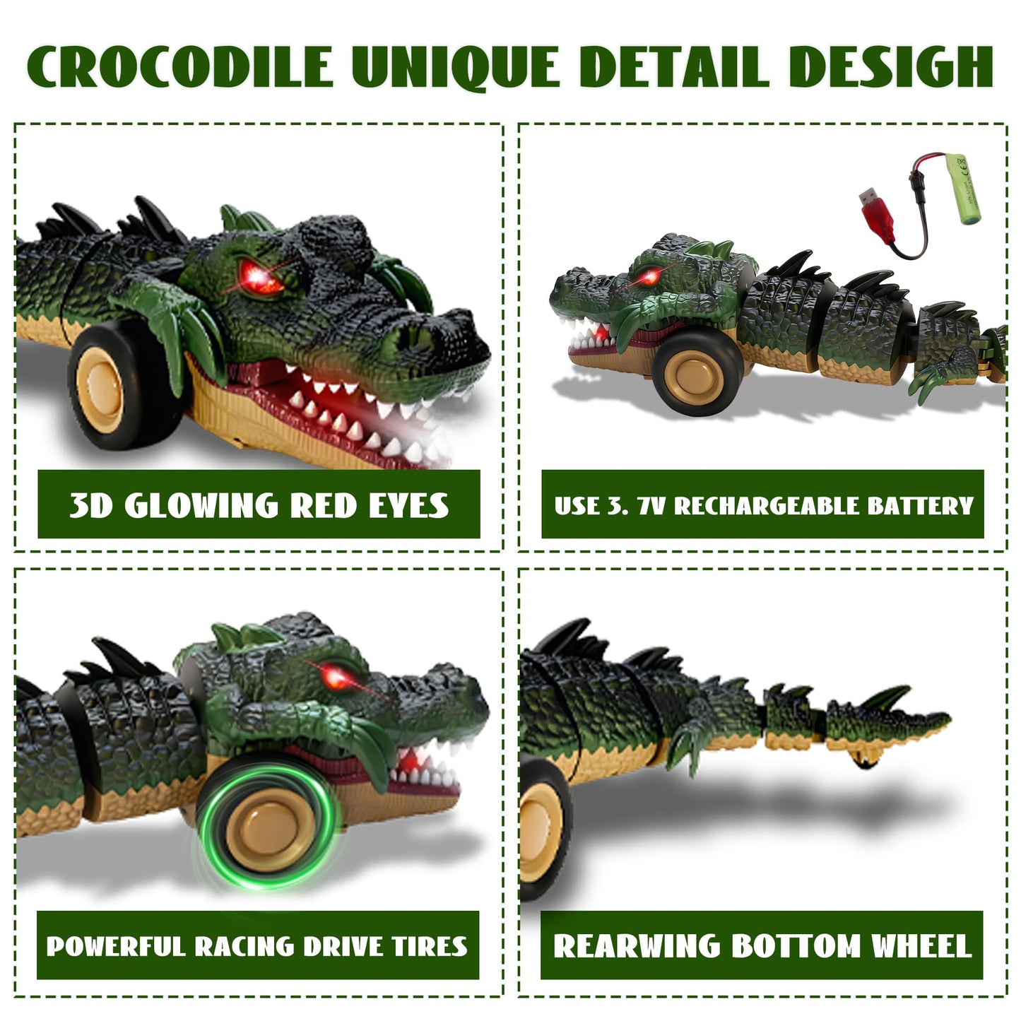 LEFEI Remote Control Crocodile Car Toy,2.4Ghz RC Toy Cars,Boys 3-12 Year Old,360°Rolling Turns & Slides with Lights Cool Outdoor Toys Birthday Gifts Xmas Gifts (Green)