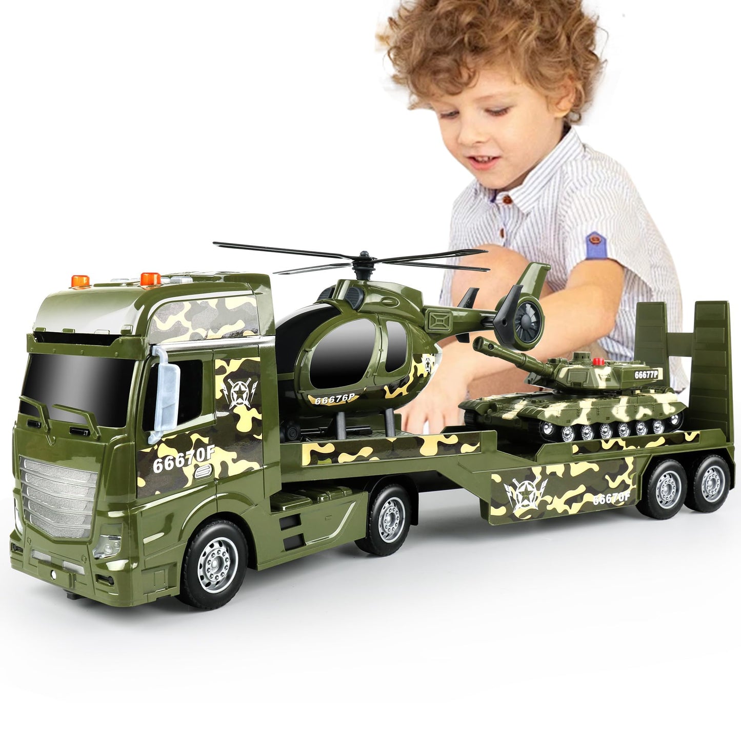 Dwi Dowellin Green Military Big Truck Toys,25.6" Semi Truck Toy with Helicopters and Tank,Army Toys with Lights & Sounds,Birthday Gift for 2 3 4 5 Years Old Boys and Girls