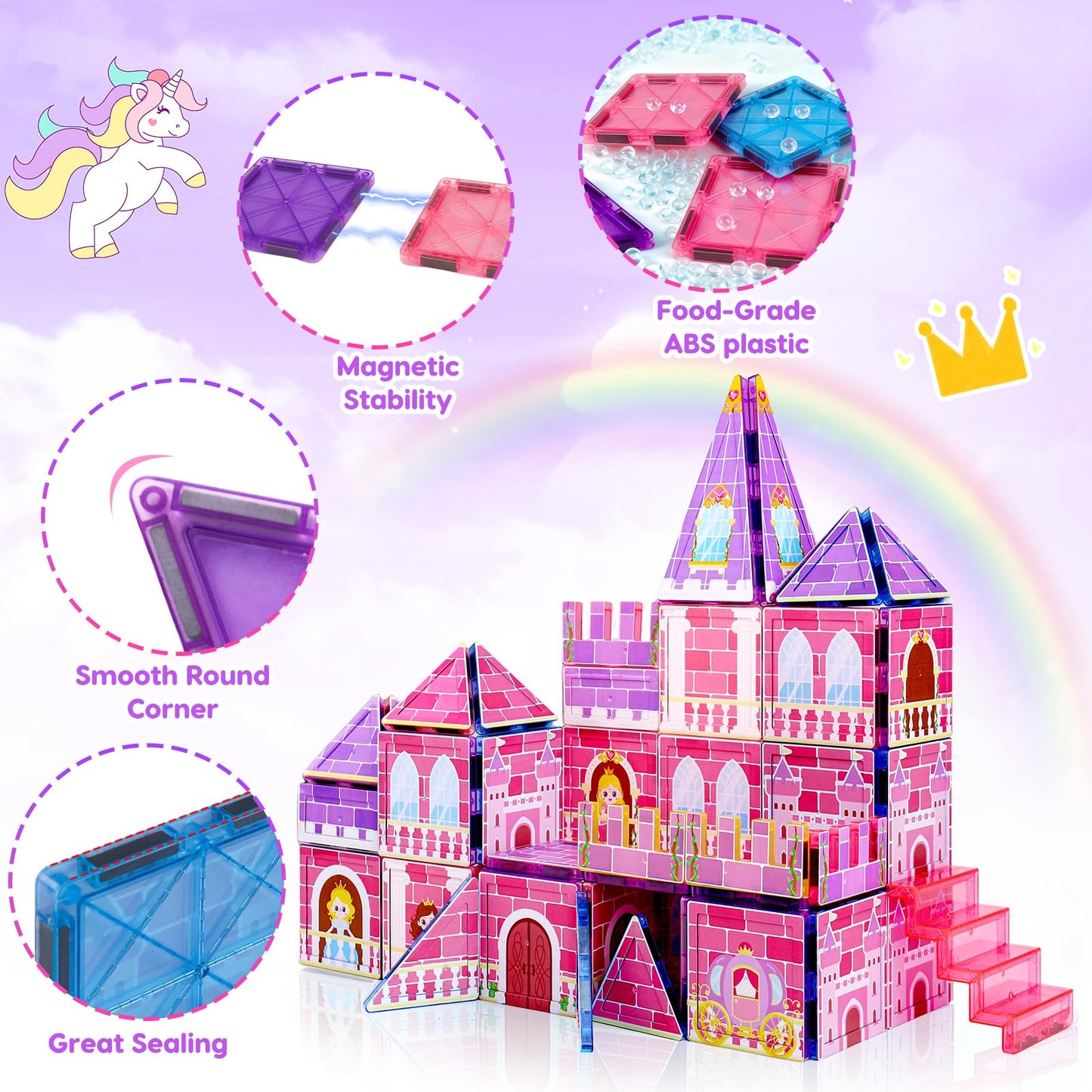 Tsomtto Magnetic Tiles for Girls - Princess Magnetic Blocks Building Toys for Kids Ages 3-5 4-8 Toddler STEM Educational Learning Sensory Toys for 3 4 5 6 7 8 9+ Year Old Boys Girls Birthday Gifts