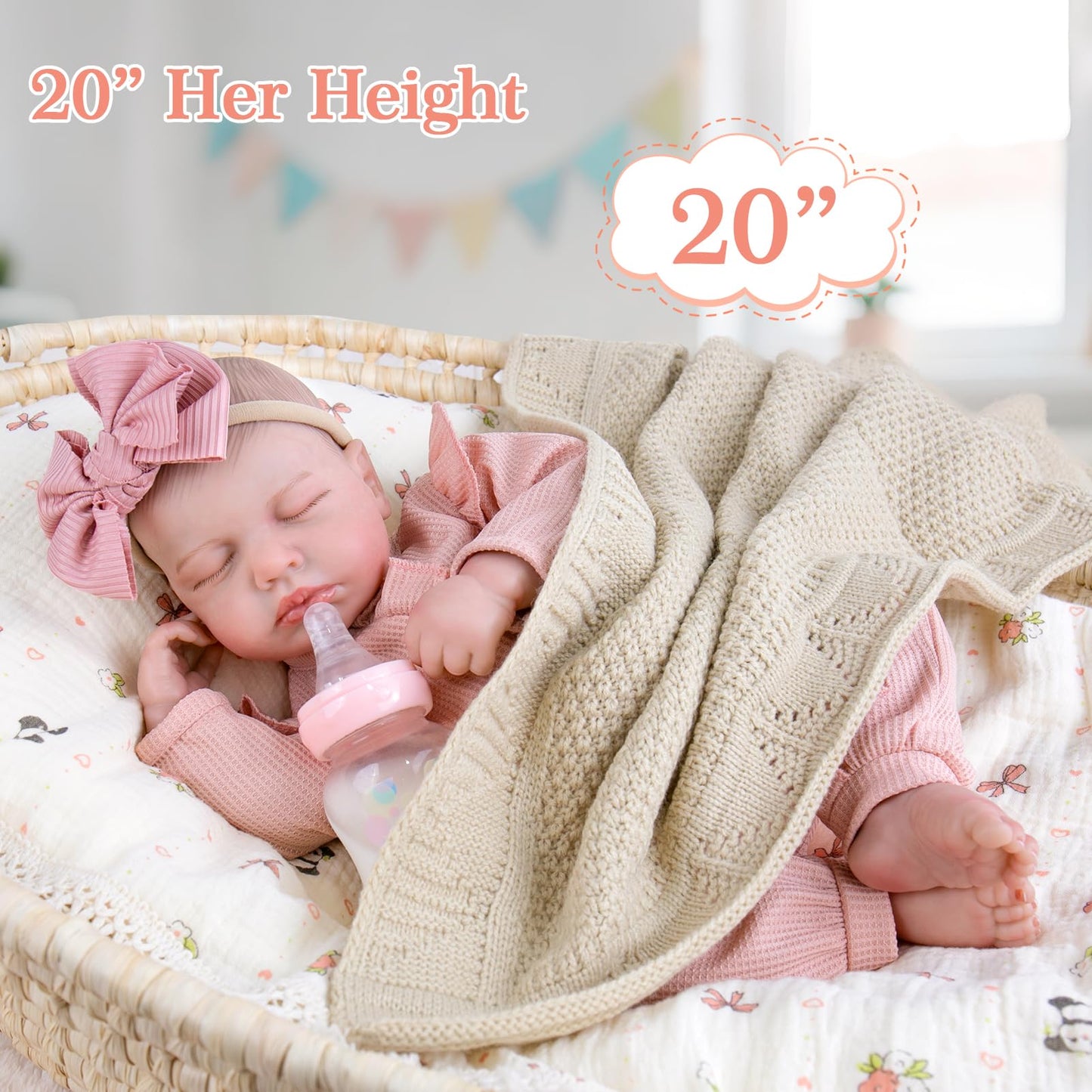 Aori Lifelike Reborn Baby Dolls - 20-Inch Realistic Newborn Real Life Baby Girl Doll with Poseable Limbs and Feeding Kit, Set for Kids 3+