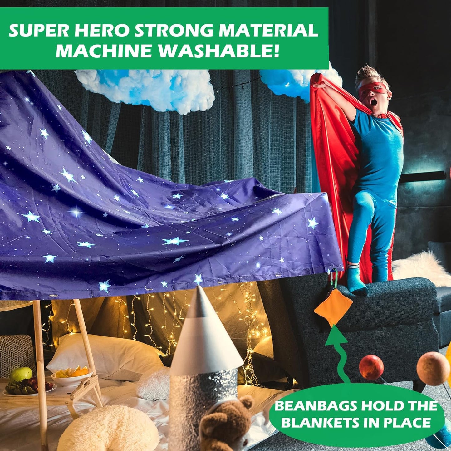 Molcey Blanket Fort Building Kit for Kids 4-8 8-12+ - Make a Portable Playhouse, Play Tent. Build a Fort Making Kit/Builder Blankets - Ultimate Indoor/Outdoor Play for Girls/Boys Toys Age 3-12