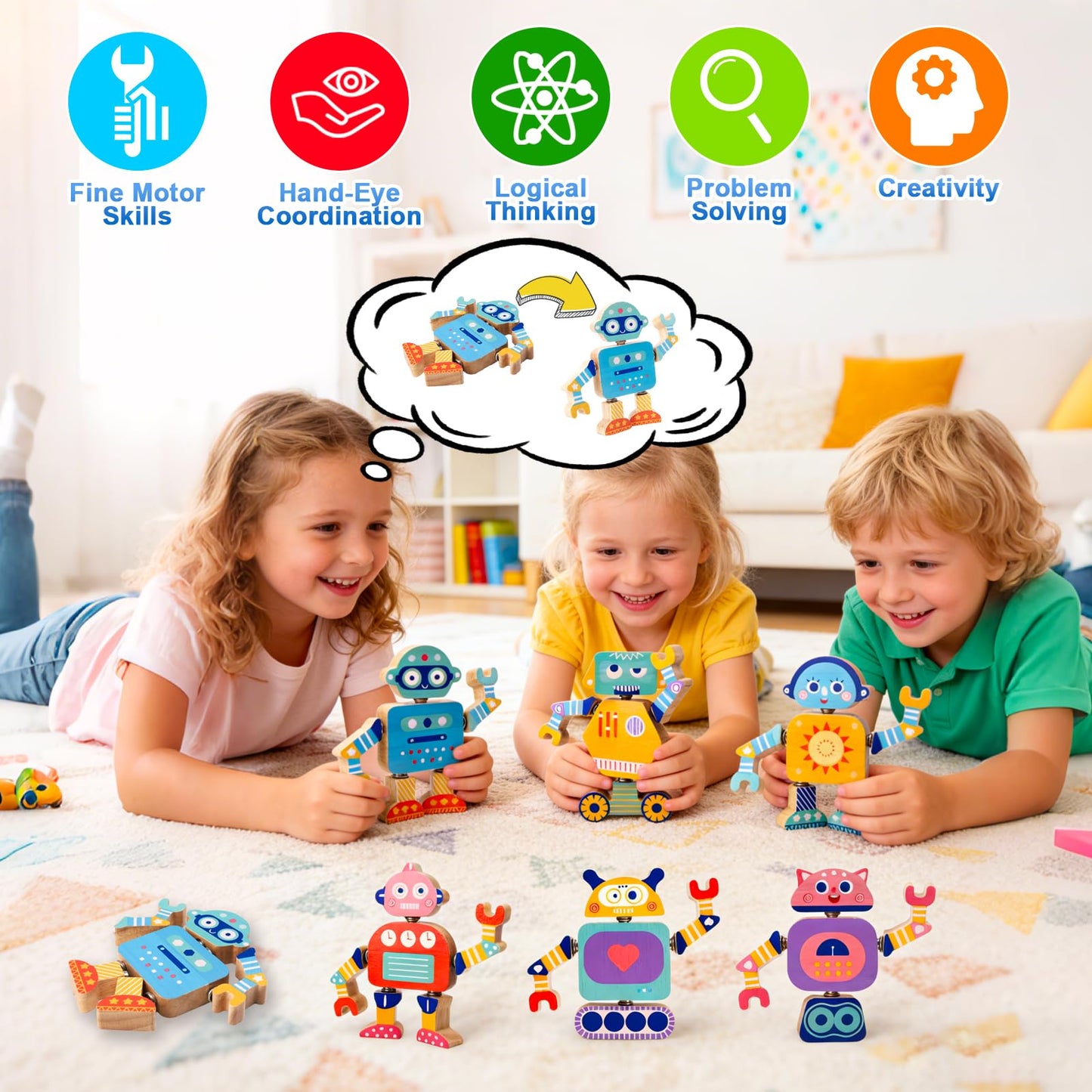 Wooden Snap-Together Robot Building Block Set, Montessori STEM Take-Apart Toy, 33-Piece Fine Motor Skills Learning Toy with Poseable Limbs for Different Robot Poses,for Kids Ages 3-6 with Storage Bag