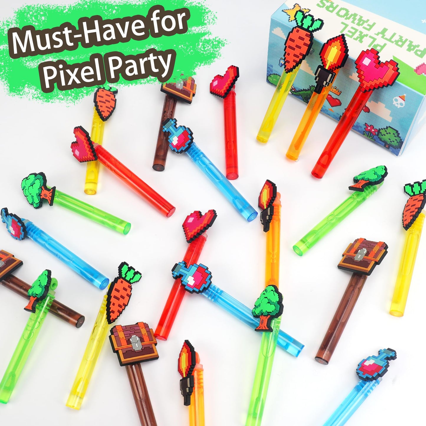 24Pcs Bubble Wands for Pixel Theme Party Favors Decorations Supplies, Goodie Bag Fillers Stuffers Exchanging Gifts Classroom Prizes