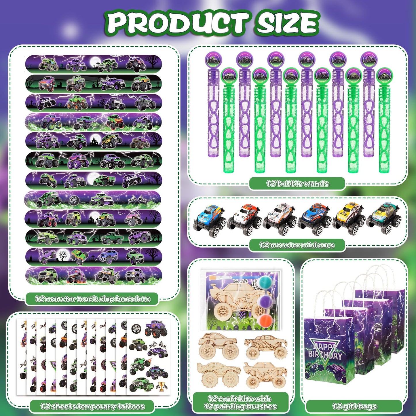Vanblue 84 Pcs Monster Truck Party Favors Green Purple Truck Car Birthday Decorations Supplies Goodie Bag Stuffers Gift for Boy Party Pinata Filler Classroom Rewards