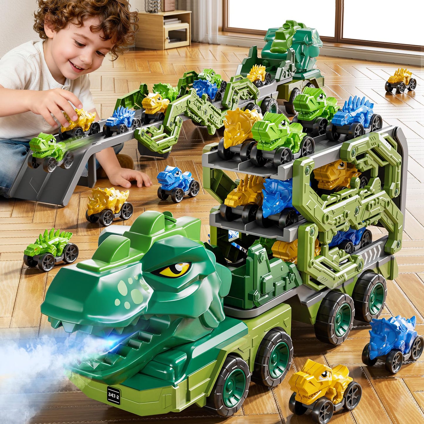 DULONIME 10 in 1 Dinosaur Truck Toys for Kids Aged 3-5 4-8 with Foldable Race Track, Carrier Truck with 9 Dinosaur Toy Car for Boys, Spraying, Light and Sound, Birthday Gifts for Girls Toddlers 5-7