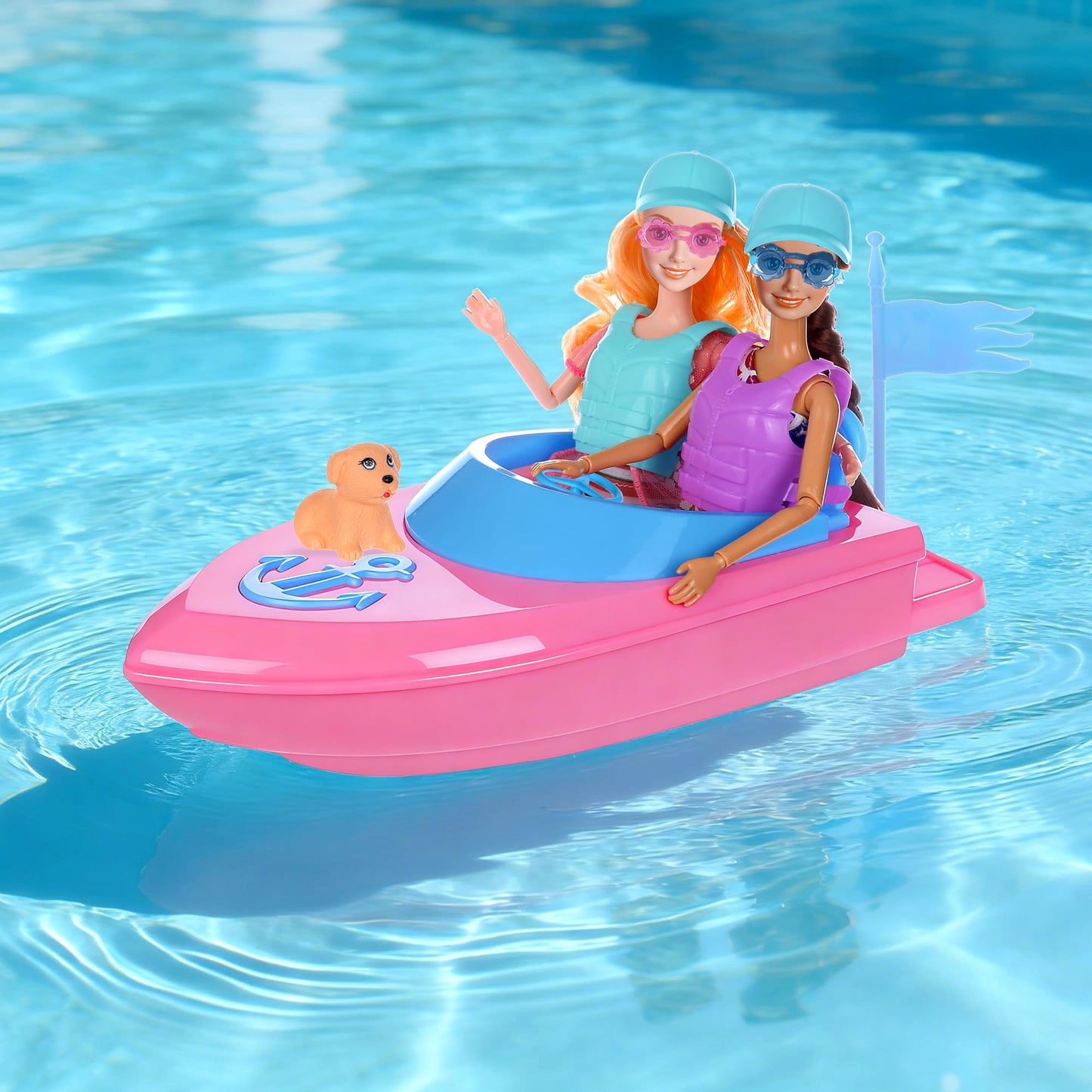 dollbie Fashion Dolls and Boat Playset - 11.5 Inch Dolls with Swimwear, Life Vests, Accessories, 5.5 Inch Doll, Pet Puppy and Dolphin Toy - Summer Beach Adventure Gift Set for Girls