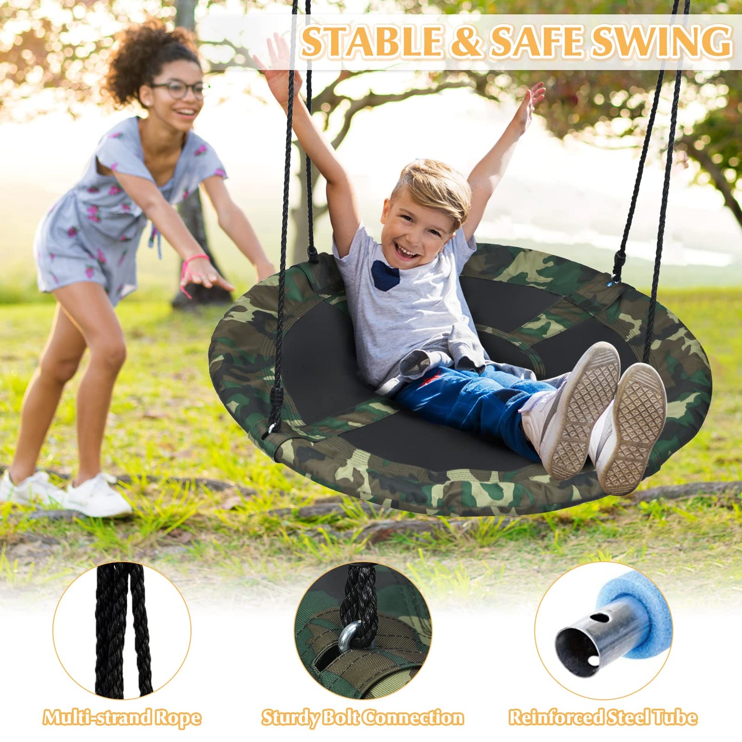 LDAILY Moccha Flying Saucer Tree Swing, Giant 40” Round Swing with Metal Frame, Adjustable Hanging Rope, Waterproof 600D Oxford Cloth, Indoor Outdoor Swing for Backyard, Playground (Camo Green)