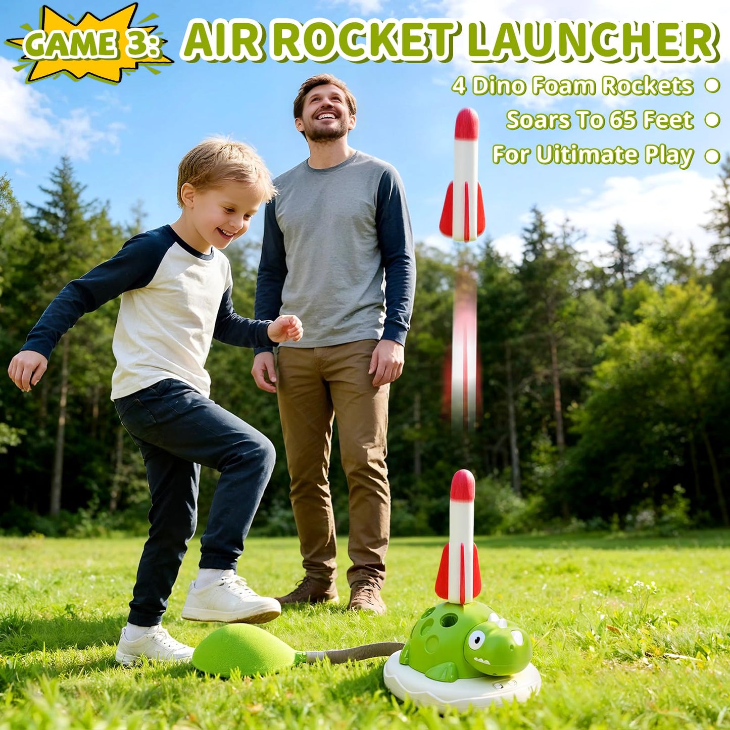 Purryegift 3 in 1 Dinosaur Rocket Launcher, Musical Spinning Jump Dinosaur Toy, Ring Toss Game & Stomp Rockets with Remote Control, Kids Indoor & Outdoor Energy Burning Toys for Boys Girls (1 Set)