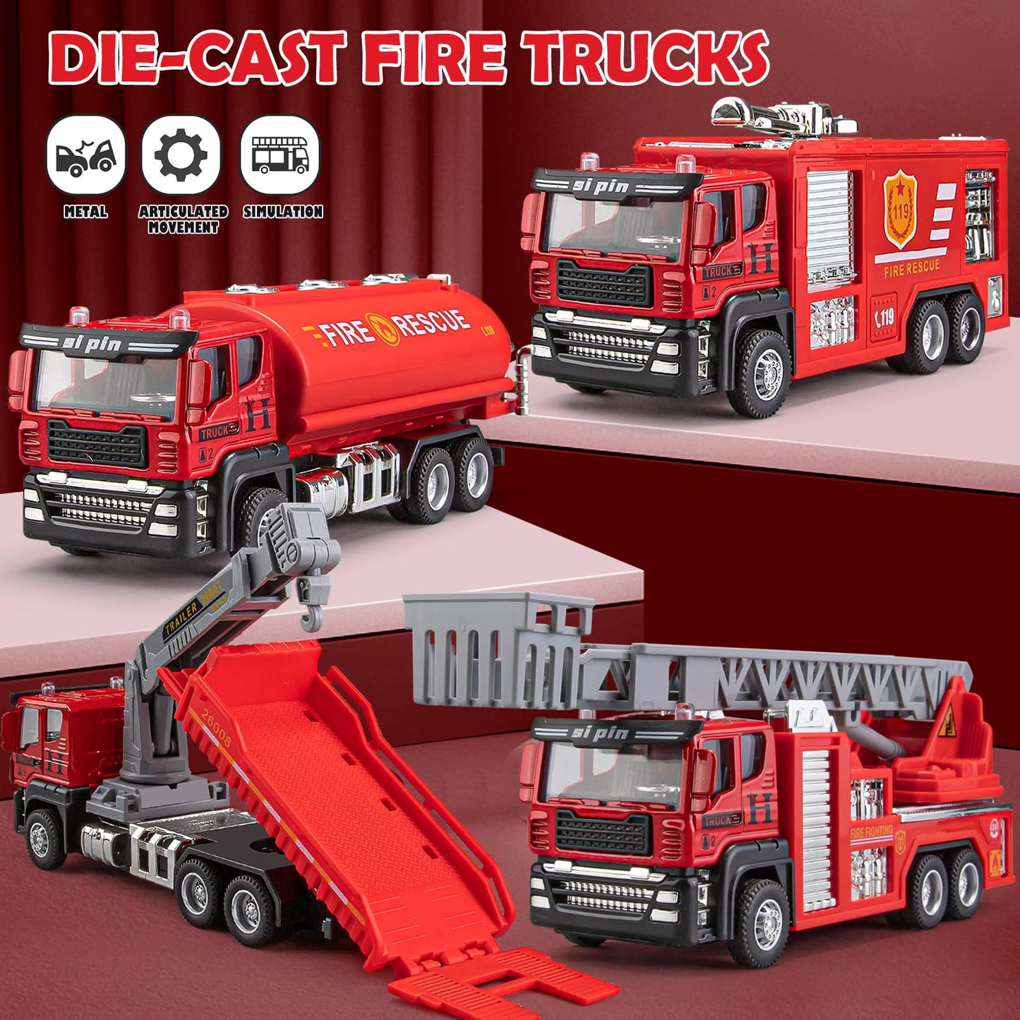 TAKGUD 4 Packs Metal Fire Trucks Playsets, Mini Friction Powered Vehicle, Including Fire Engine, Ladder Truck, Die-cast Tank, Tow, Realistic Design for Toddlers Boys, Kids Aged 3+ Years Old