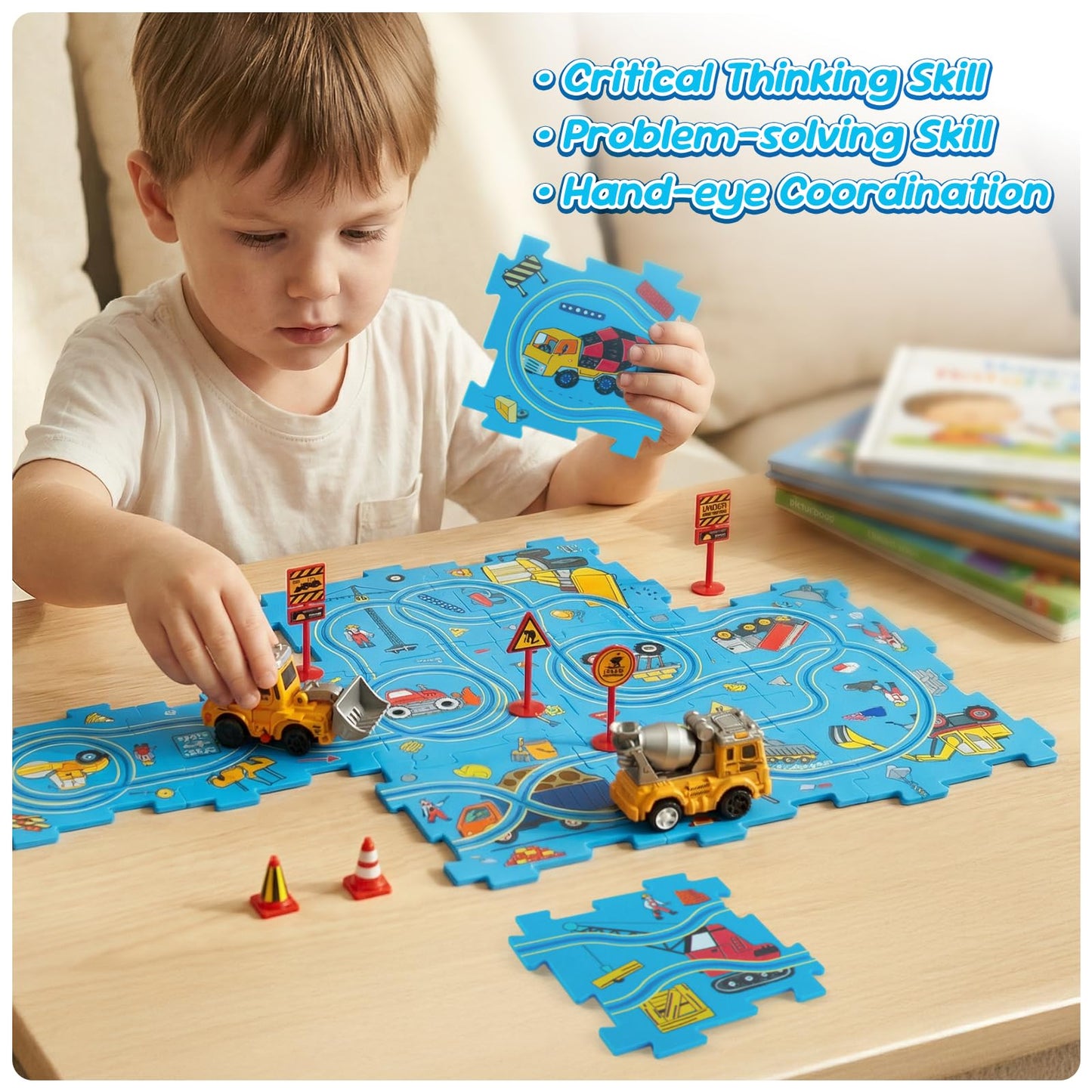 Plastic Puzzles for Kids Ages 3-5 with Toy Car Bulldozer + Cement Mixer, Toddler Puzzles Gift, Critical Thinking Educational Toys, Toys for 3 4 5 6 Year Old Boys Girls