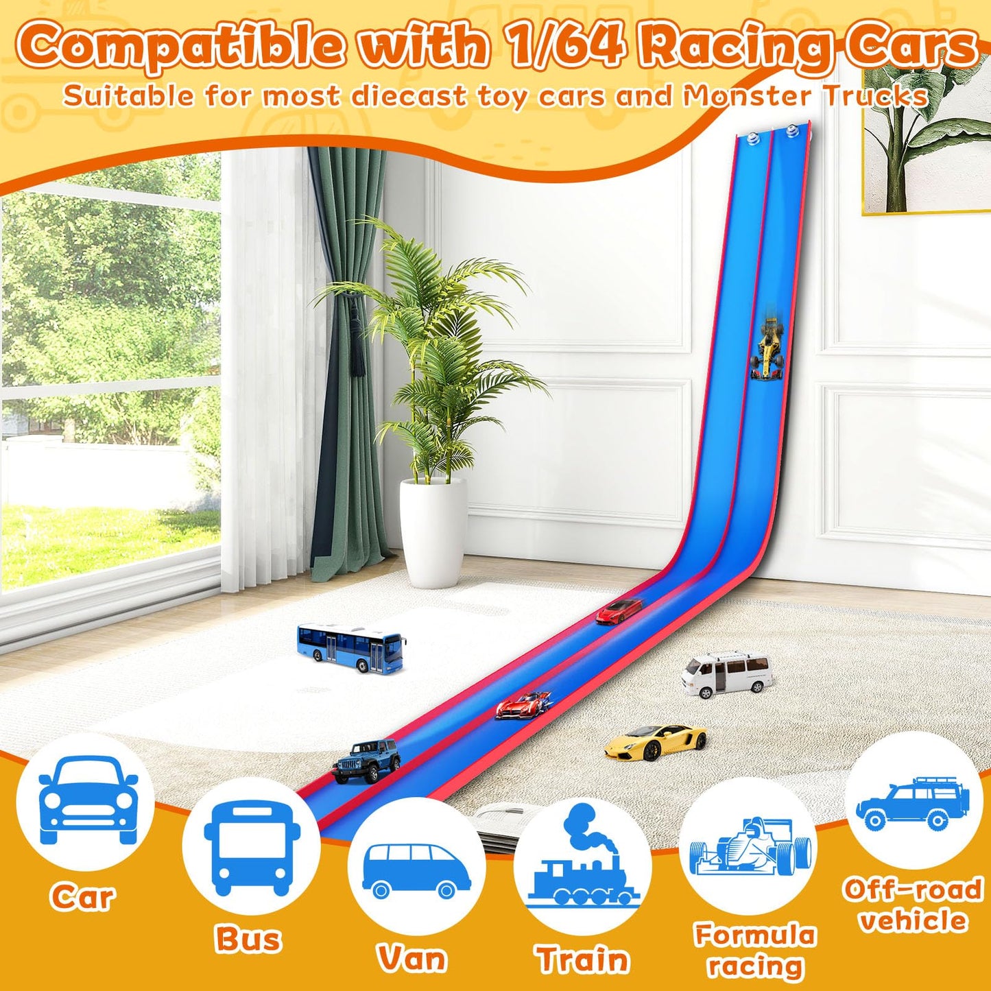15 Ft Flexible Race Track for Kids – Portable Car Race Track Starter Set with Suction Cups, Rolls Up Easy, Compatible with 1/64 Diecast Cars, Birthday Gift for Boys & Girls Ages 3+ (Blue&Red)