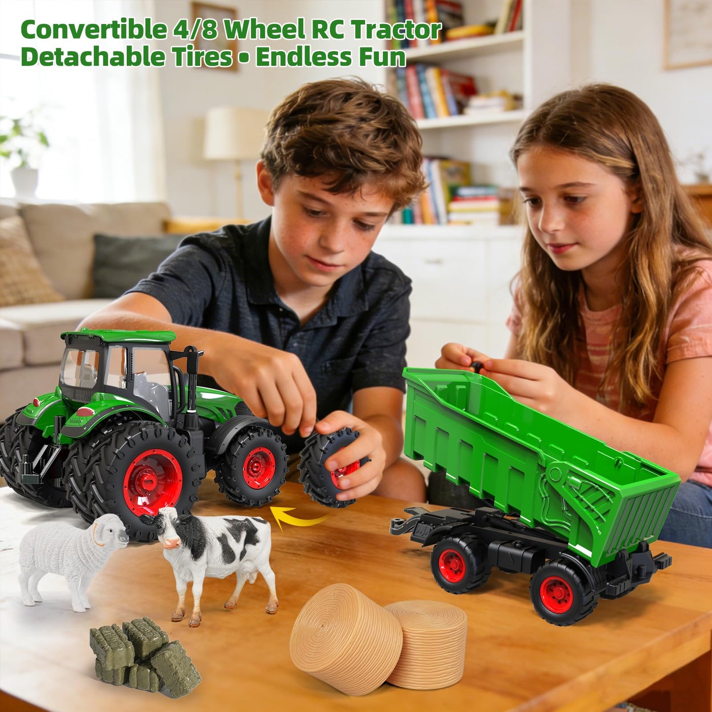YKTrevok Remote Control Tractor Toy with Trailer | 2-in-1 8-to-4 Wheel Convertible Front Loader Tractor, Openable Doors & Hood with Lights, Farm Animals & Hay Bales, Gift for Kids Ages 3-9