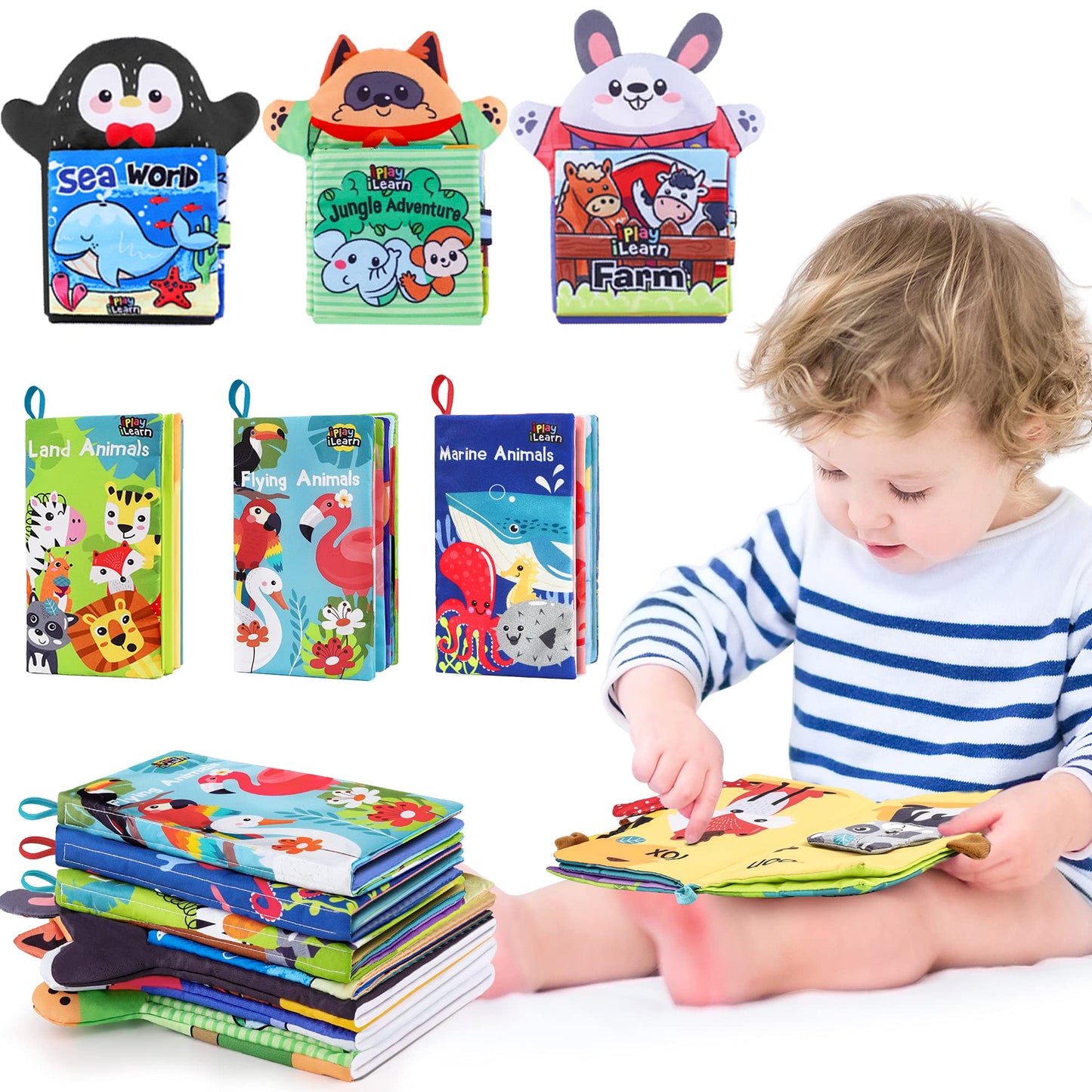 iPlay, iLearn Soft Baby Books 1 Year Old, Babies Animal Cloth Book 6-12 Month, Infant Touch Feel Crinkle Book, Toddler Carseat Crib Bedtime Toy Newborn Birthday Stocking Gift 9 18M 2 3 Yr Kid Boy Girl