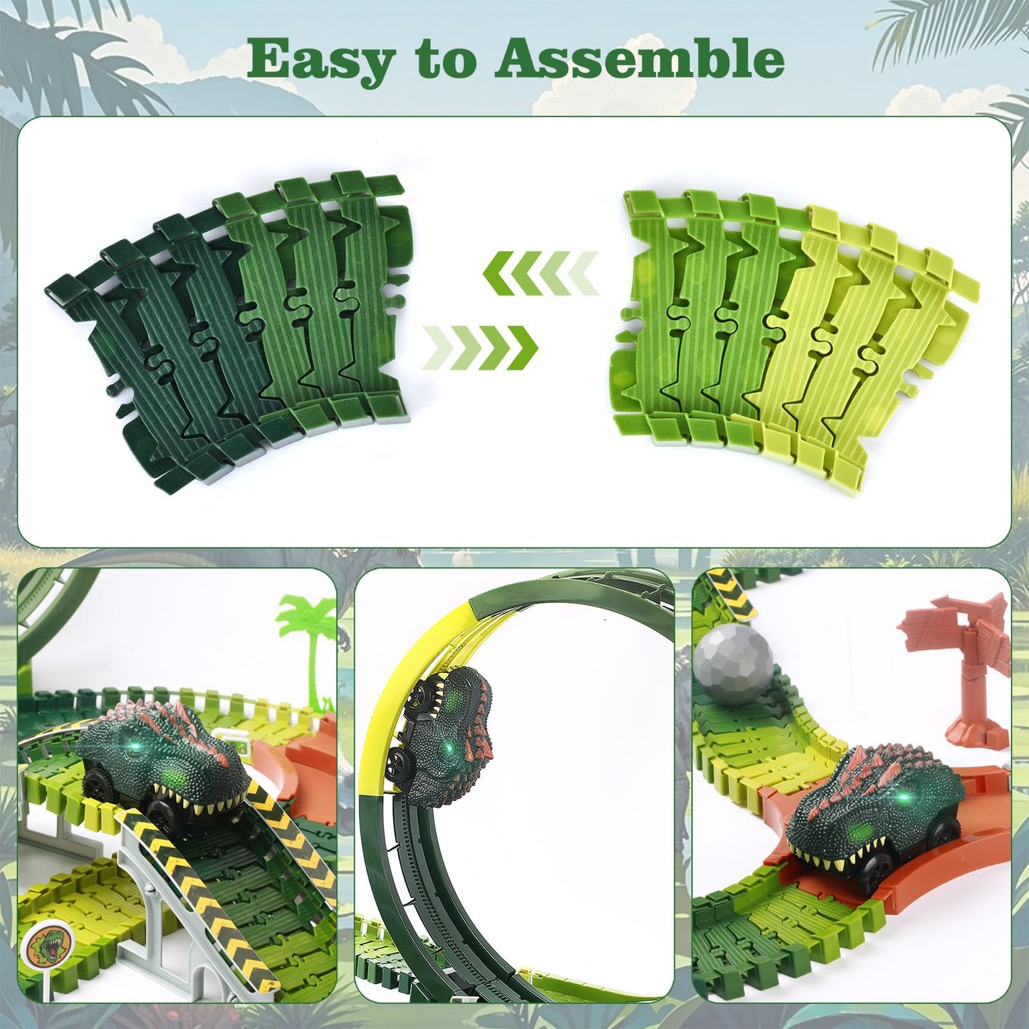 Dinosaur Toys for Kids 3-5, 286 Pcs Create A Dinosaur Toys Race Car for Toddlers, Flexible Track Playset with 2 Dinosaur Cars, Dinosaur Party Favors for 3 4 5 6 Year Old Boys Birthday Gift