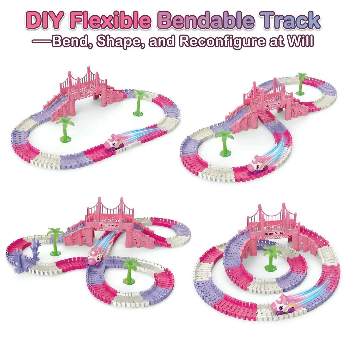 Race Car Tracks Toy Set for Girls Age 3-8, 214PCS Pink Princess Cars Toys with Monster Truck & Magic Bendable Train Tracks, Flexible DIY Raceway Set for Toddler Girls Christmas Birthday Gifts