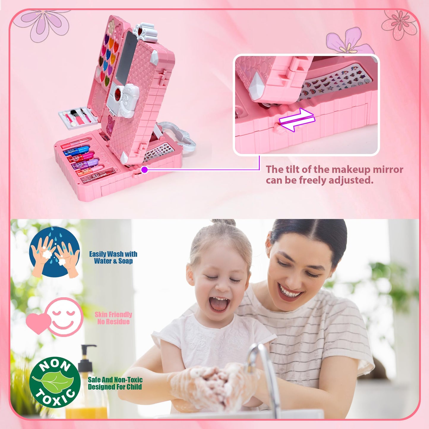 Kids Makeup Sets for Girls 5-8, 74 Pcs Kids Makeup Kit for Girls Non-Toxic Washable Real Cosmetic Set, Play Make Up Kit, Toddlers Birthday Gifts Princess Toys for 3 4 5 6 7 8 9 10 11 12 Year Old