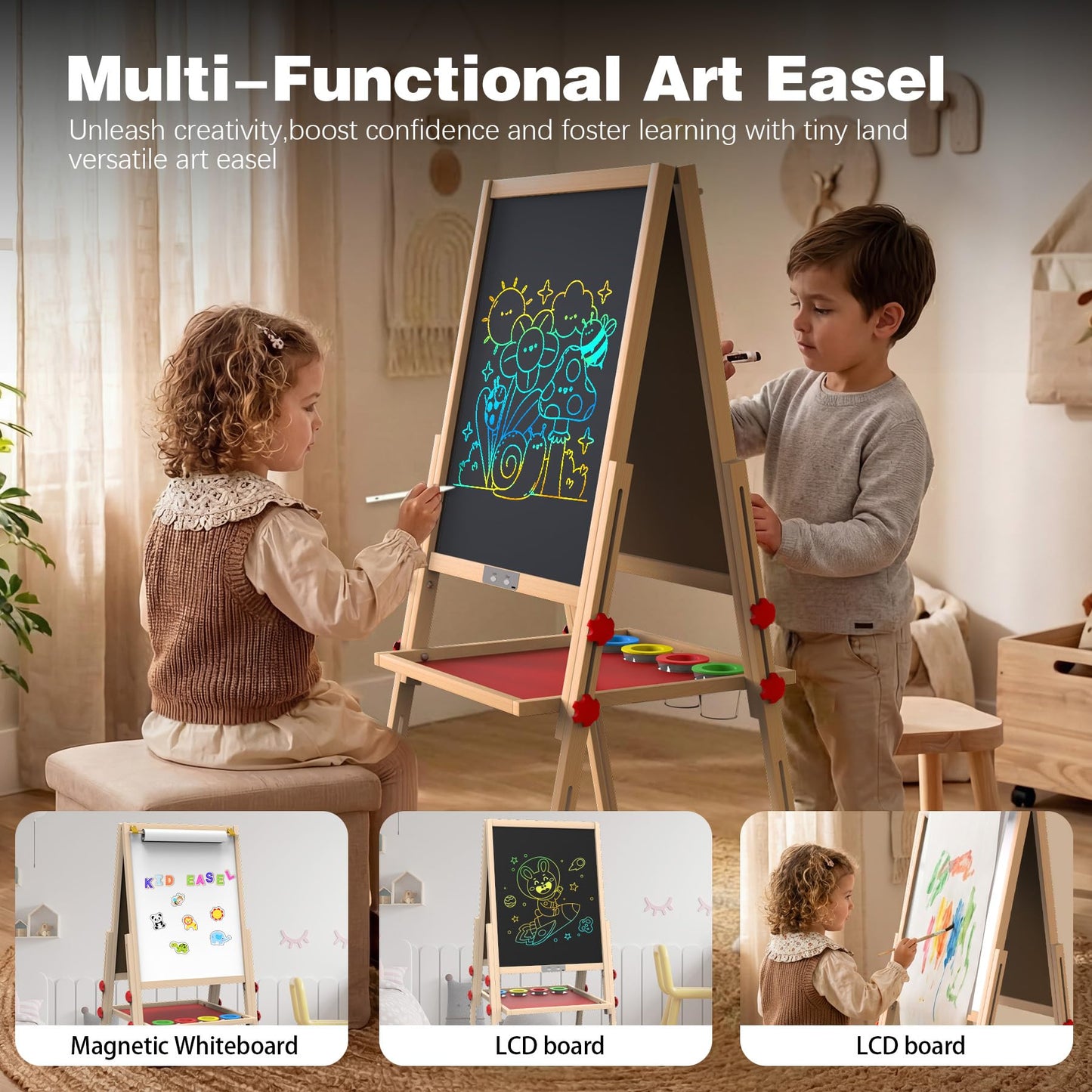JOYOOSS LCD Easel for Kids Ages 4-8 Easels for Toddlers Art Kids Easel Ages 8-12 Light Up Wooden Drawing Easels Magnetic White Board with Paper Roll for Kid LCD Dry Erase Board
