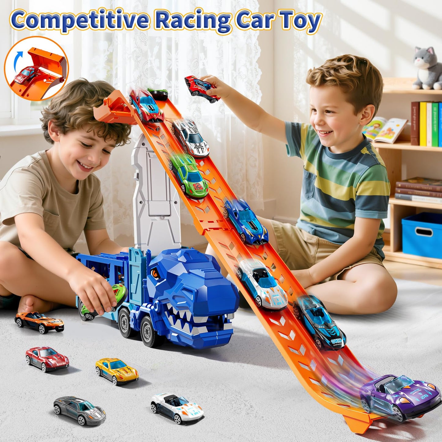 GYYCKTD Race Track Truck Toys for 3 4 5 6 7 8 Years Old Boys, Carrier Vehicle Playset with 12 Die-Cast Racing Car Toys, 2-Tier Storage, Car Ramps, Birthday Gifts for Toddlers Kids Girls Age 3-5 4-8