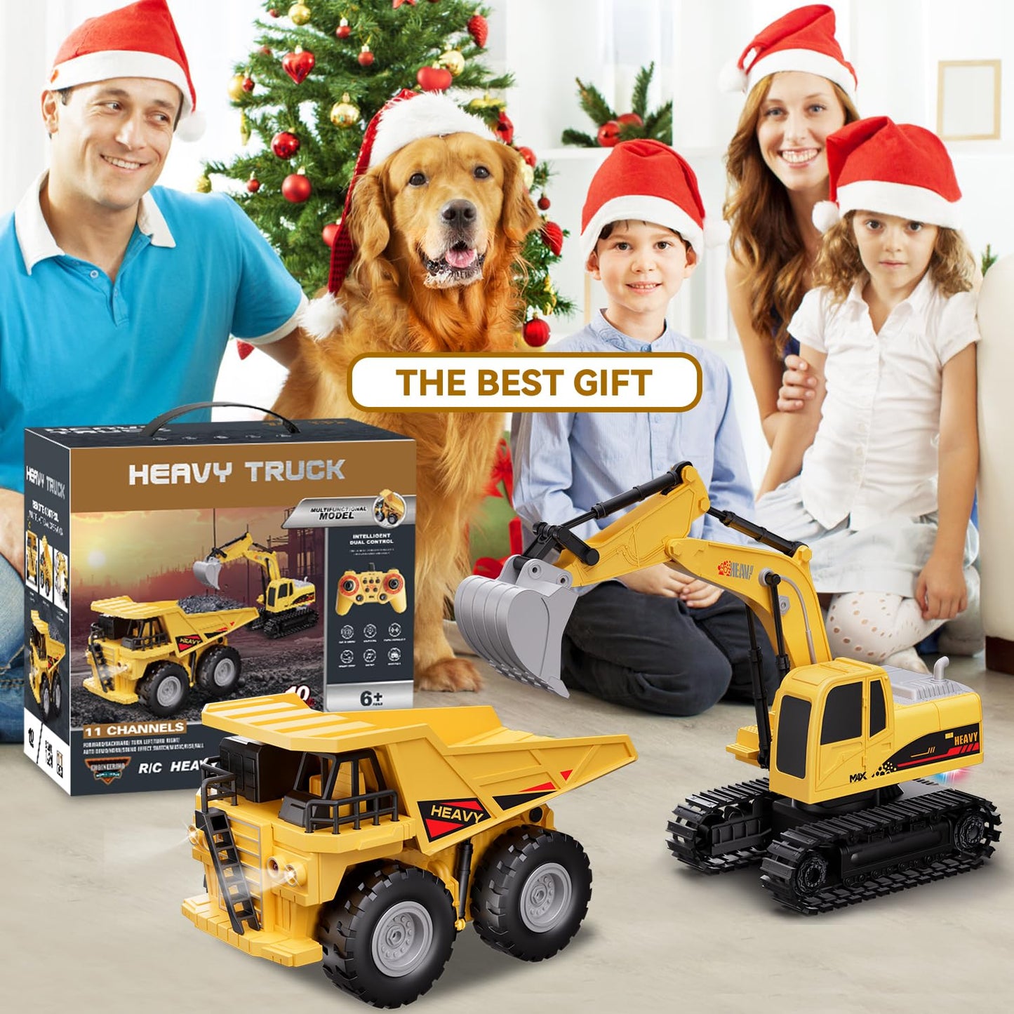 QuirkyGlee RC Excavator and Dump Truck Toy Set for Kids - 11 Channel Remote Control Construction Vehicle with Lights and Sounds, Music, 2.4Ghz Rechargable Digger Car, Gifts for Boys Kids Ages 6-8