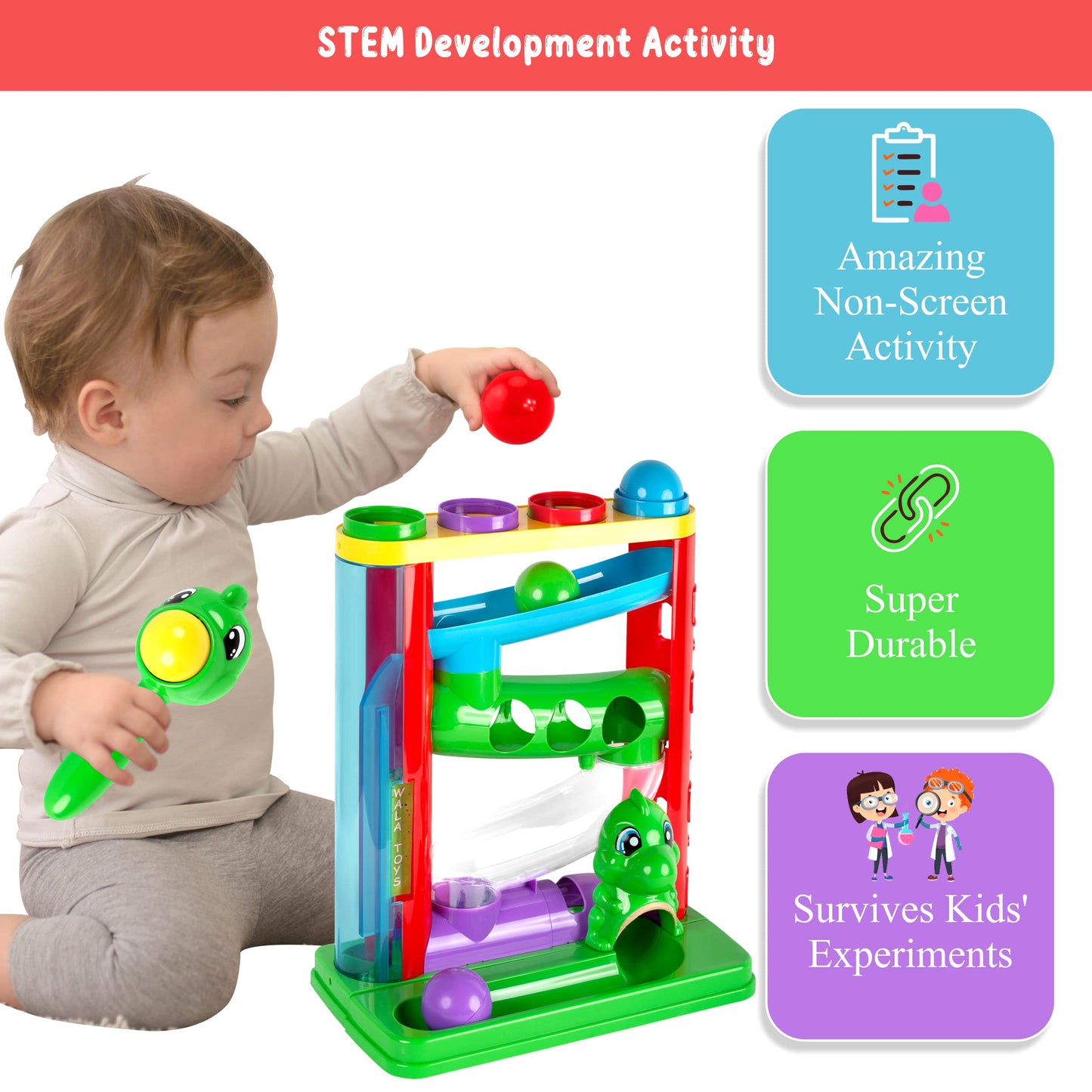 WALA - Pound a Ball Dinosaurs Toy - Super Durable Toddler Girls and Boys Toys - Comes with Ball Tower, Ball, Hammer, and 7 Dinosaur Toys for Kids - Educational Baby Hammer Toy - STEM Development