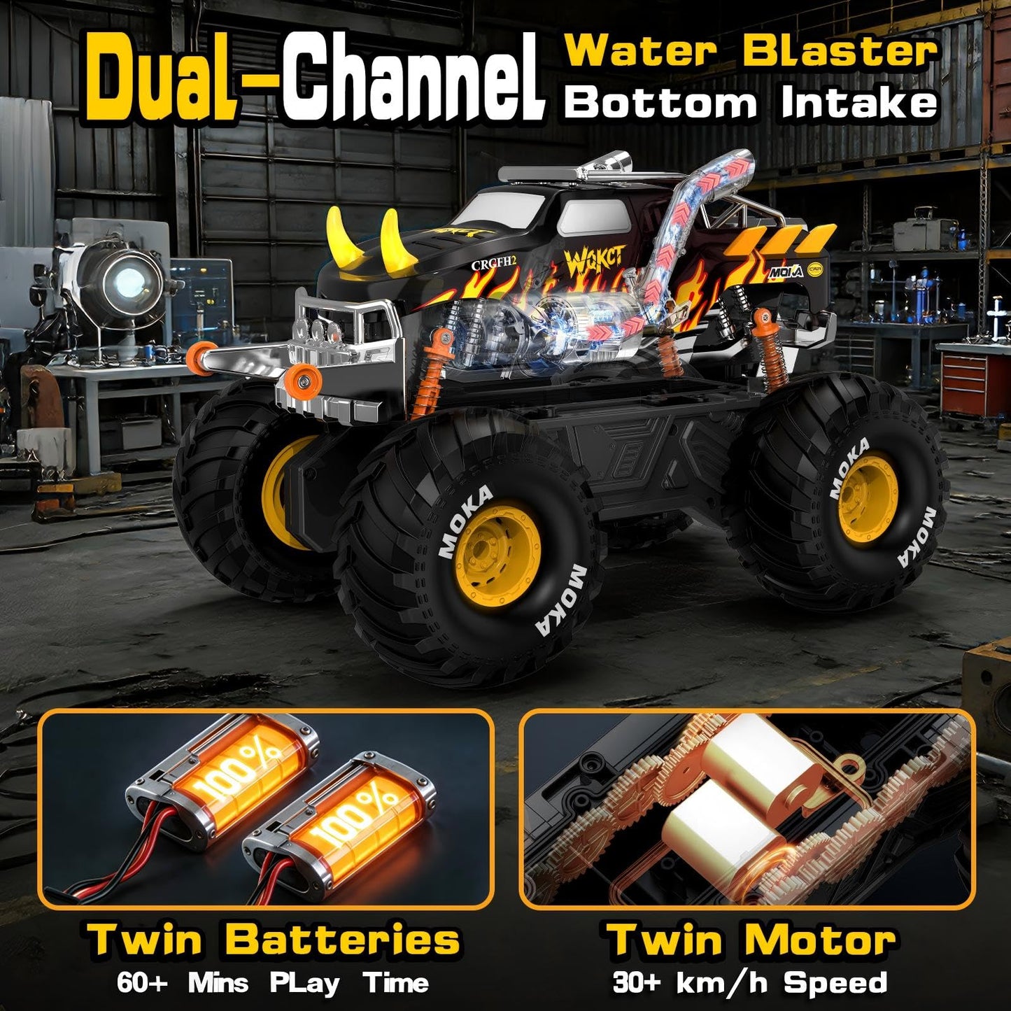 Amphibious 1:16 Waterproof Monster Truck Toys RC Car Water Blaster Trucks 60+ Min Runtime with 2 Batteries 360 Spin 4WD All Terrain Off-Road Pickup rc car Toy 5-12 Year Old Kids Gifts Children's Day