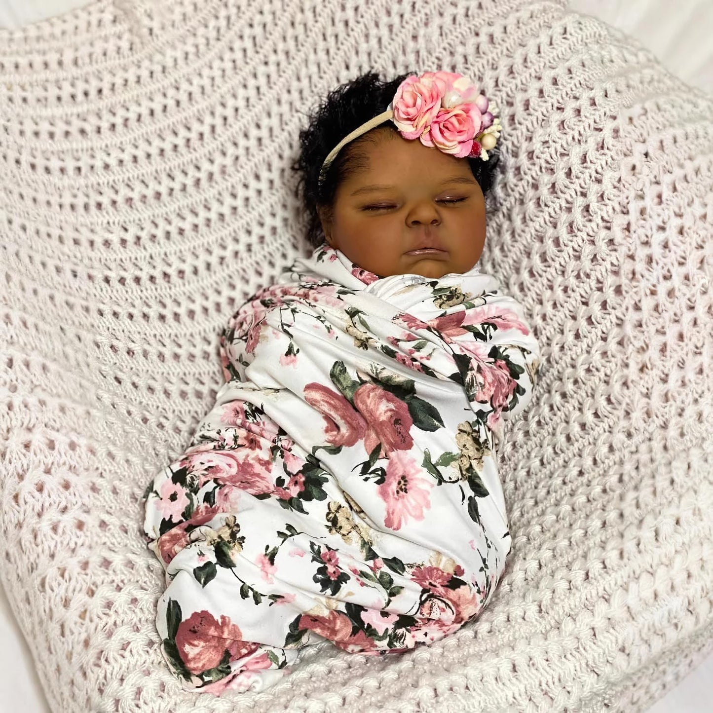 Ardol 19 Inch African American Realistic Baby Doll Lifelike Reborn Baby Girl Dolls- Vinyl Full Body Sleeping Rooted Curly Hair Floral Headband Gift Set for Kids Age 3+