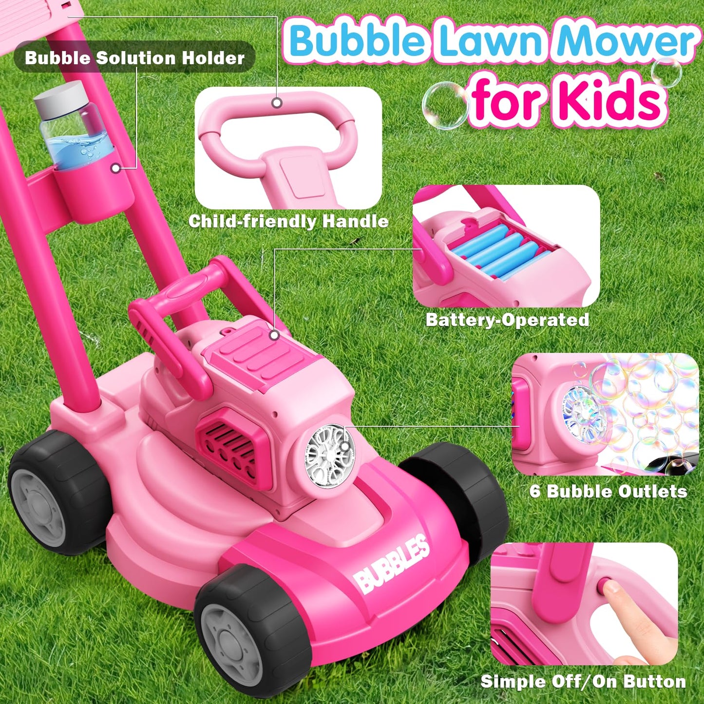 Bubble Lawn Mower for Kids, 3-in-1 Bubble Machine Blower with 10 Bubble Solution, Outdoor Push Toys for Toddlers Ages 3-8, Birthday Easter Summer Gift for Boys Girls 3 4 5 6 7 8 Year Old