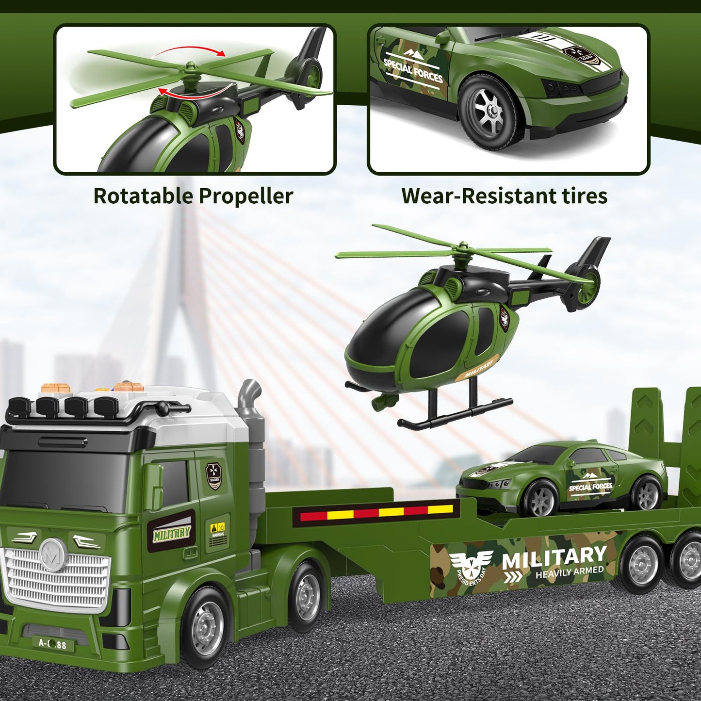 DWIRCTOYS Kids Toys for Ages 3 4 5 6 7 8 Years Old Boys, 25" Large Army Semi Truck with Helicopter & Race Car, Friction Powered Vehicle with Lights & Sounds,Birthday Gift for Boys Girls