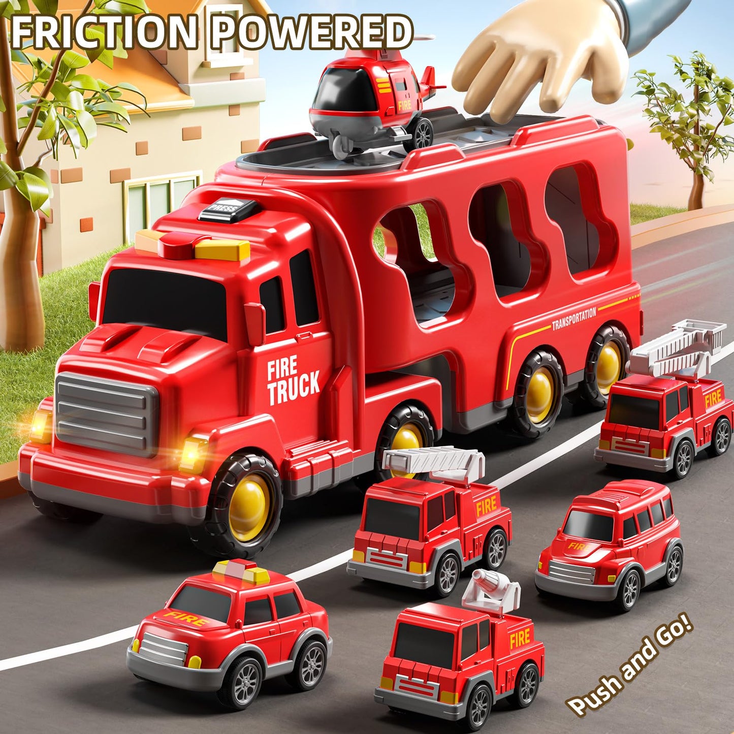 JUKUDAHU 7-in-1 Fire Trucks for 3 4 5 6 Years Old Boys - Transport Car for Toddlers 4-6, Sound and Light Kids Toys for Ages 2-4, Gift for Ages 5-7, 4-8 Year Old Girl Birthday Gifts
