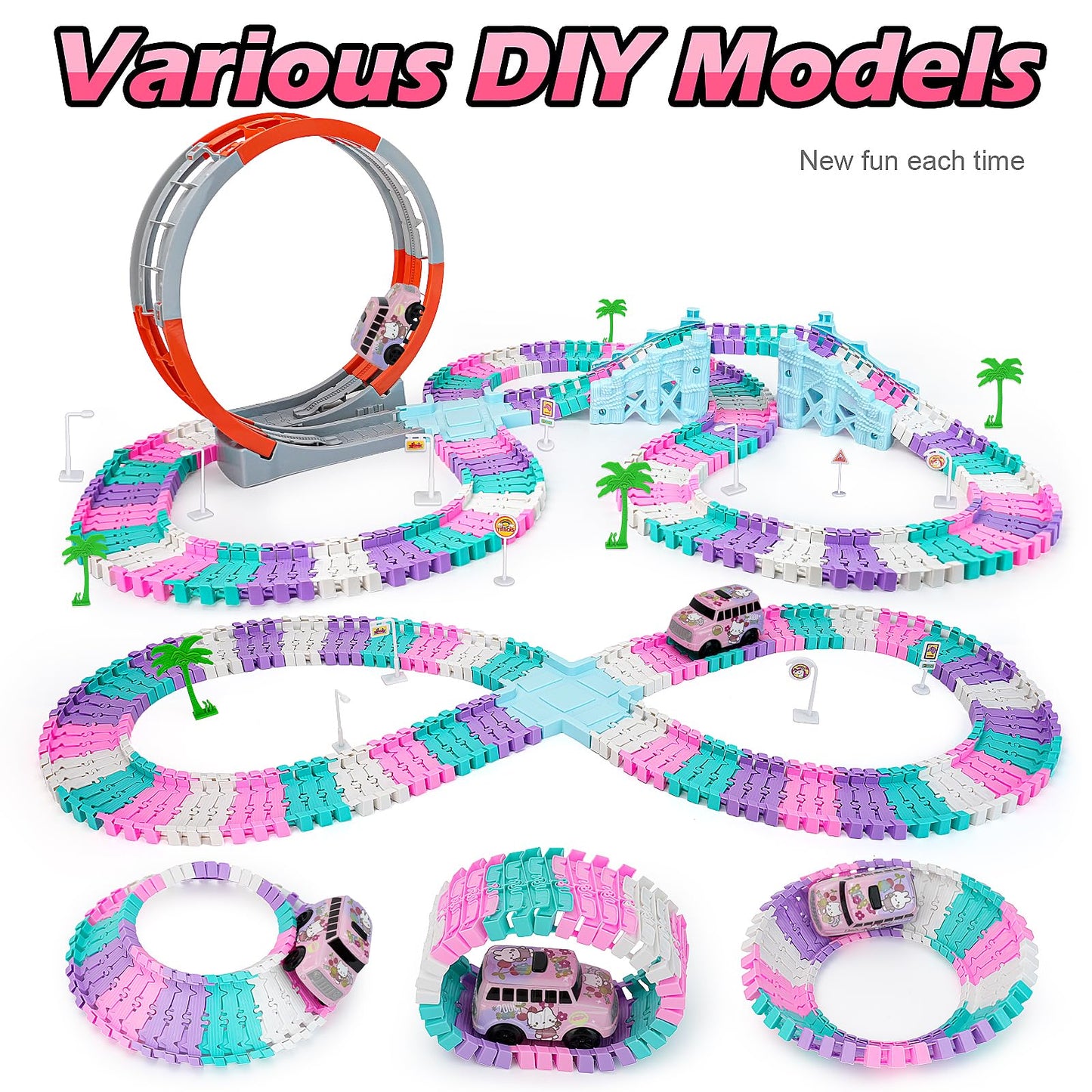 215 PCS Unicorn Race Tracks for Kids Toys, Glow in The Dark Magic Toy Set with 360° Loop Ramp, 1 Unicorn Car Track, Flexible DIY Track Set, Birthday Gift for 3-9 Year Old Boys Girls Toddlers