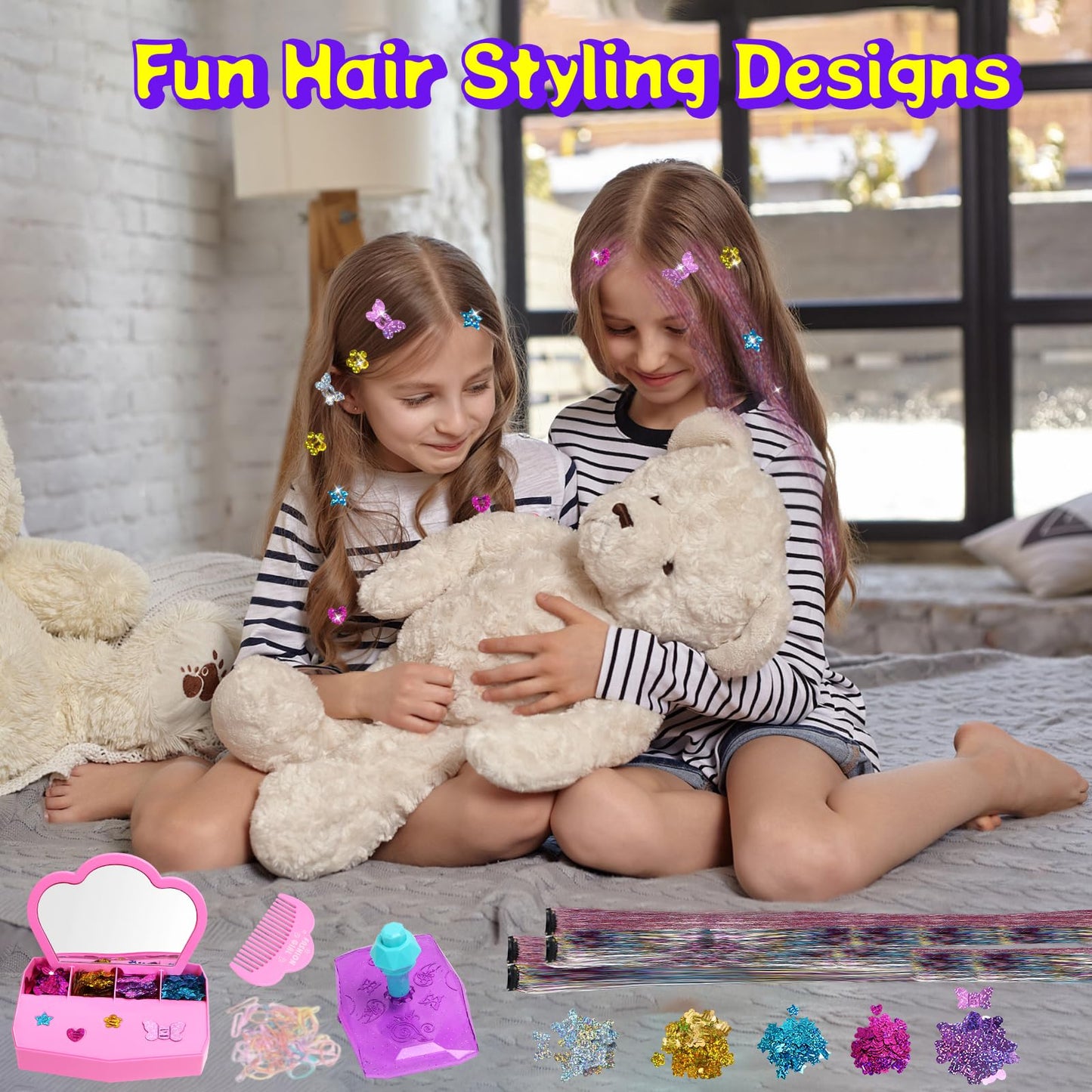 AOSITE Hair Gems for Girls, Hair Bedazzler Gem Stamper Kit with Hair Glitter Patch, Hair Jewel for Girls, Hair Gems Stamper, Hair Gem DIY Tool Gift Age 4-12 Reusable No Sticky Kid Hair Accessories