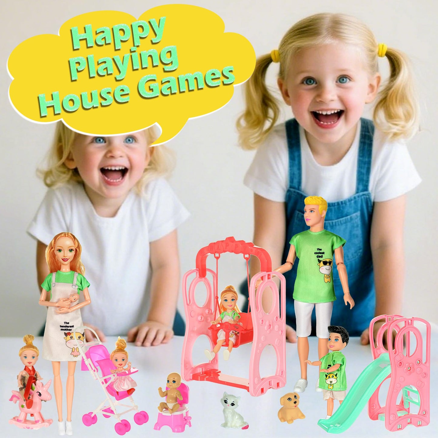 ebuddy Family Dolls Playset with Slide Swing and Baby Stroller - 7 People, Pets & Accessories for 3-12 Years Old Toddler Gift