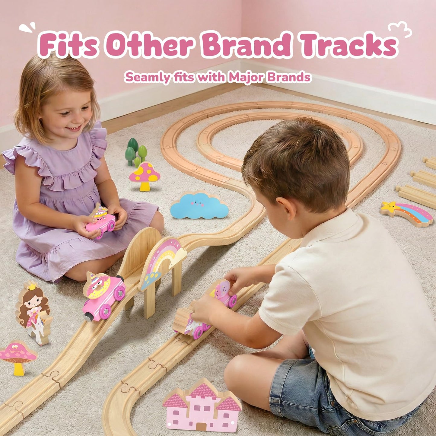 Hot Bee Wooden Train Set for Toddlers 2-4, 38-Piece Unicorn Train Set for Girls, Pink Wooden Train Track Set with Fairies & Unicorns, Girl Train Set Birthday Gifts for 2 3 4 5 Year Old Girls