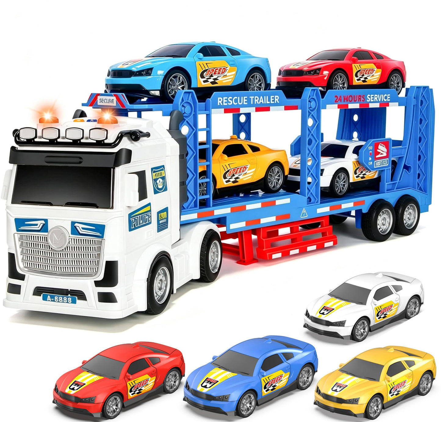 DOWELLIN Carrier Truck Race Car Toys for 3 4 5 6 7 Years Kids, 21.5" Friction Powered Double Layer Semi Transport Truck Toy with 4 Racing Cars, Lights&Sounds Vehical Toys, Xmas Gift for Boy Girl-Blue