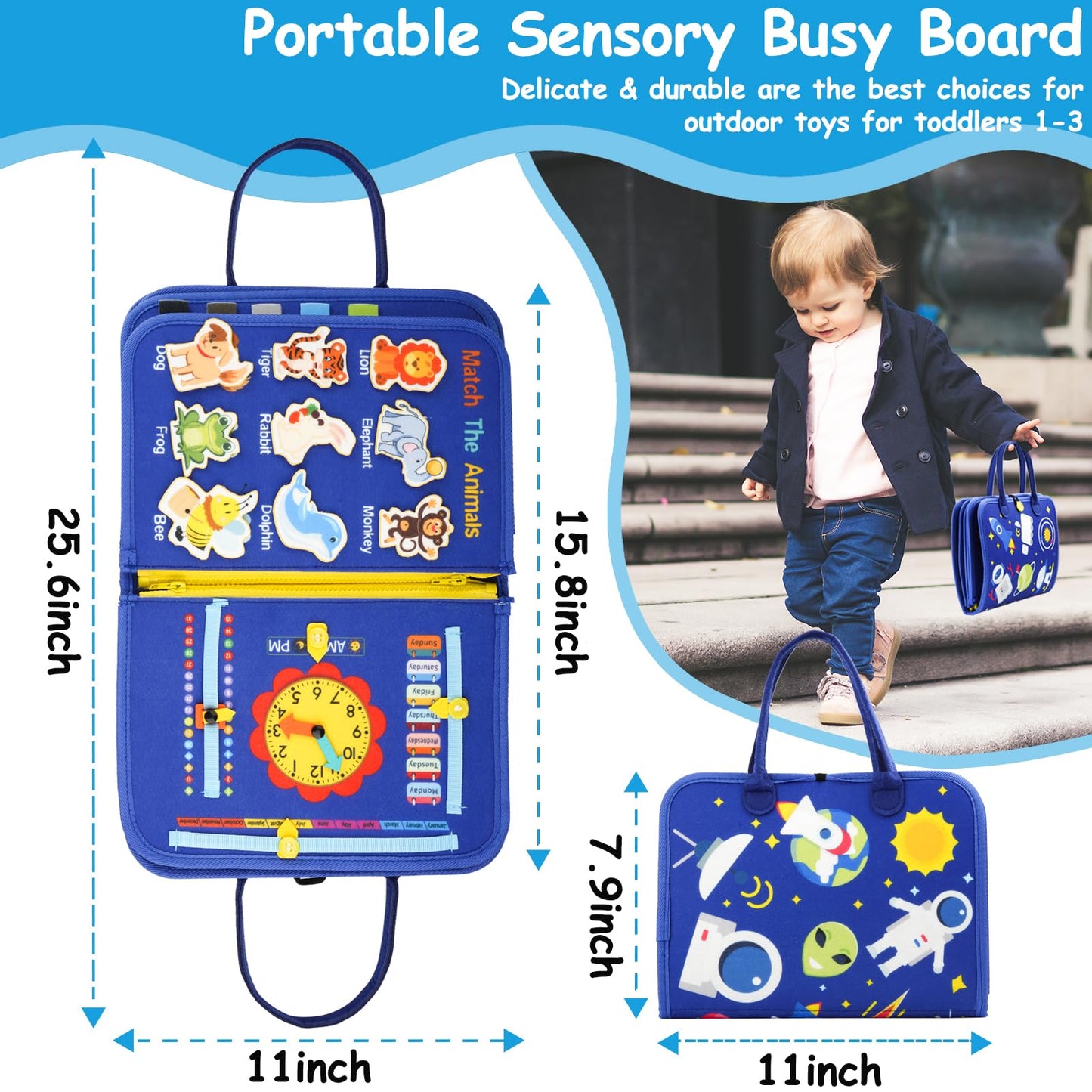 Toddler Busy Board, Montessori Toys for Boys, Sensory Board Birthday Gifts - Educational Busy Book, Learning toys for Toddlers, Preschool Learning Activities and Travel Toys for Airplane Car, Blue