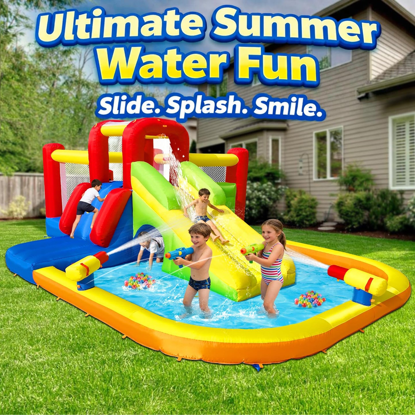 Hongcoral Inflatable Water Slide Bounce House for Kids, 12-In-1 Water Park with Splash Pool, Double Cannons, 2 Climbing Walls, Tunnel, Obstacles, Blow Up Jumping Castle With Blower