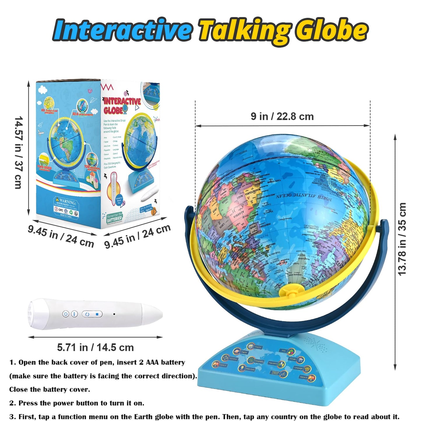 Interactive Globe for Children Ages 6-12 | Educational Toys with Smart Pen, 300+ Geography Quiz Games | Learning Earth World Globe for Kids Ages 6+ Classroom, Home, Birthday Gift Idea