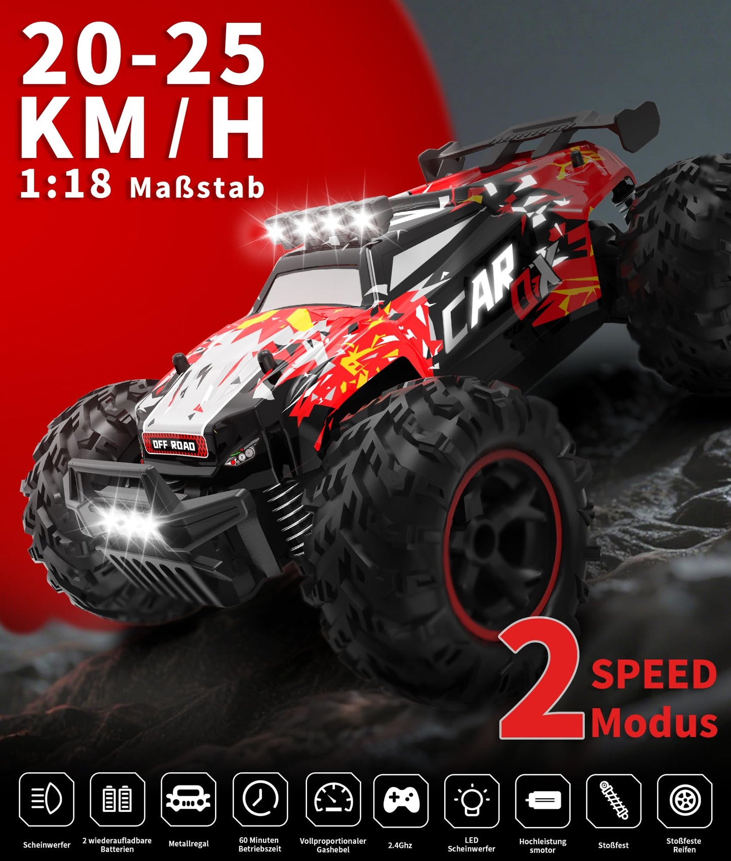 Carox Remote Control Car, 2.4GHz 26KM/H High Speed RC Car, 1:18 Off-Road Monster Truck with LED Lights, Proportional Throttle & 1800mAh Rechargeable Batteries – Ideal Gift for Boys 6+ (RED)