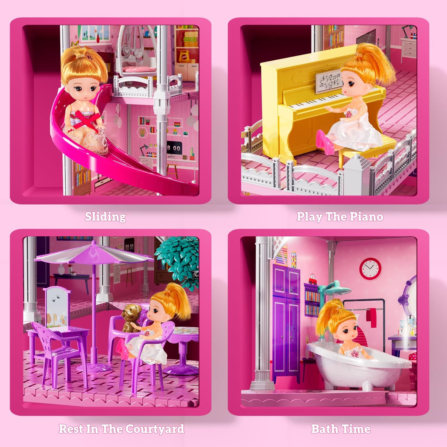 JUKUDAHU Villa Playset for Girls Ages 3-7, 4-Story 12 Room House with 2 Dolls, Furniture and Accessories, Indoor Playset Girls Toys for Ages 6-8, Pretend Toddler Toy, Birthday Gifts for Kids 4-8