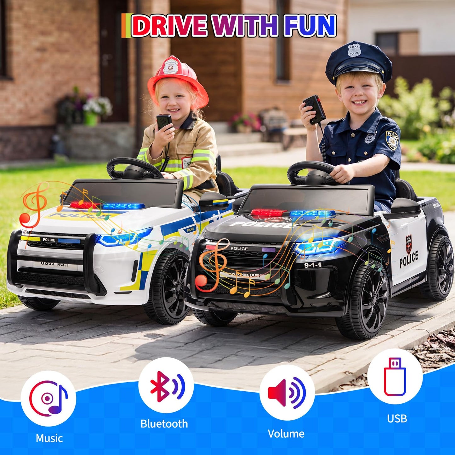GarveeLife 12V Police Car Ride on Electric Car for Kids, Battery Powered Ride-on Toys with Remote Control, Speaker, Flashing Lights, Music, Headlights, Spring Suspension, Gift for Boy Girl 3-8, White