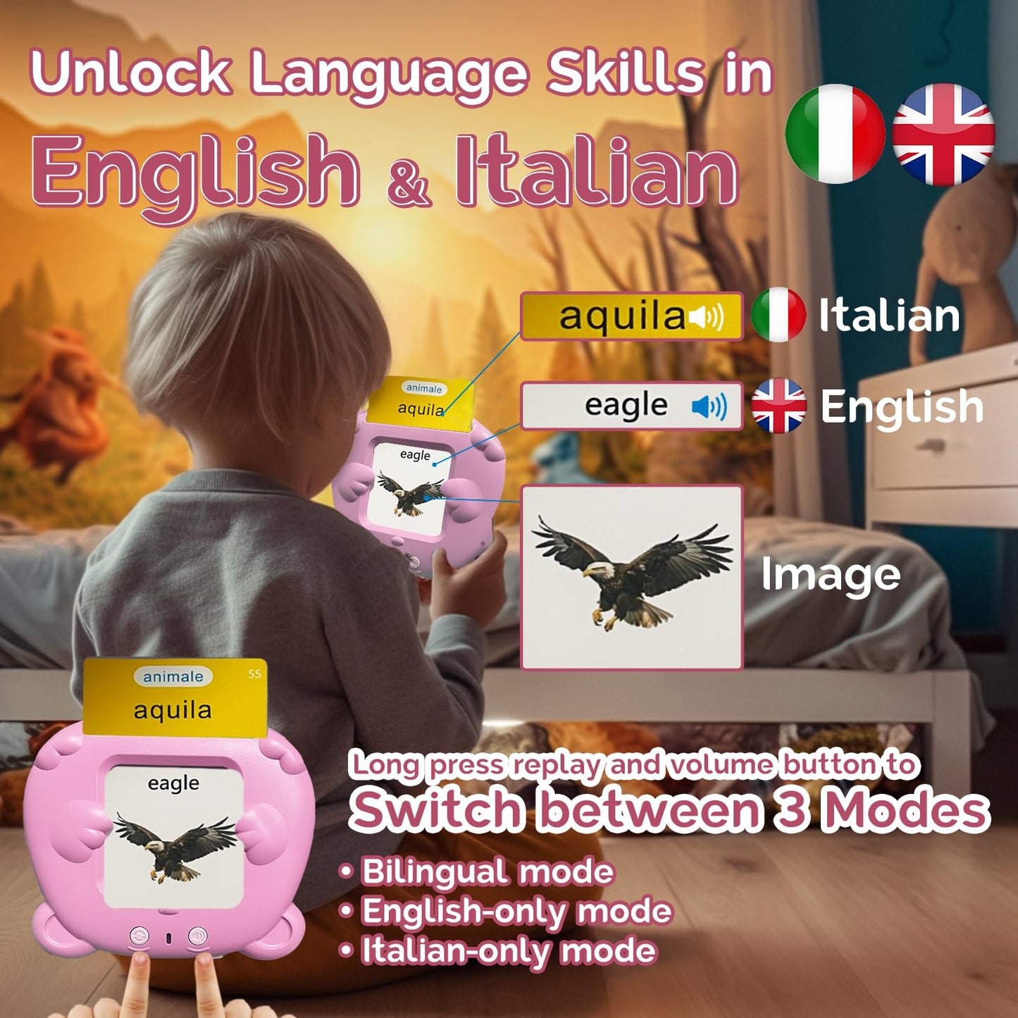 HALCONTORNO Bilingual English Italian Flash Cards - Talking Flash Cards for Kids, Pocket Speech for Toddlers 3-12, Educational Learning Audible Gift Play Cards Italian, Autism Sensory Toys (Pink)