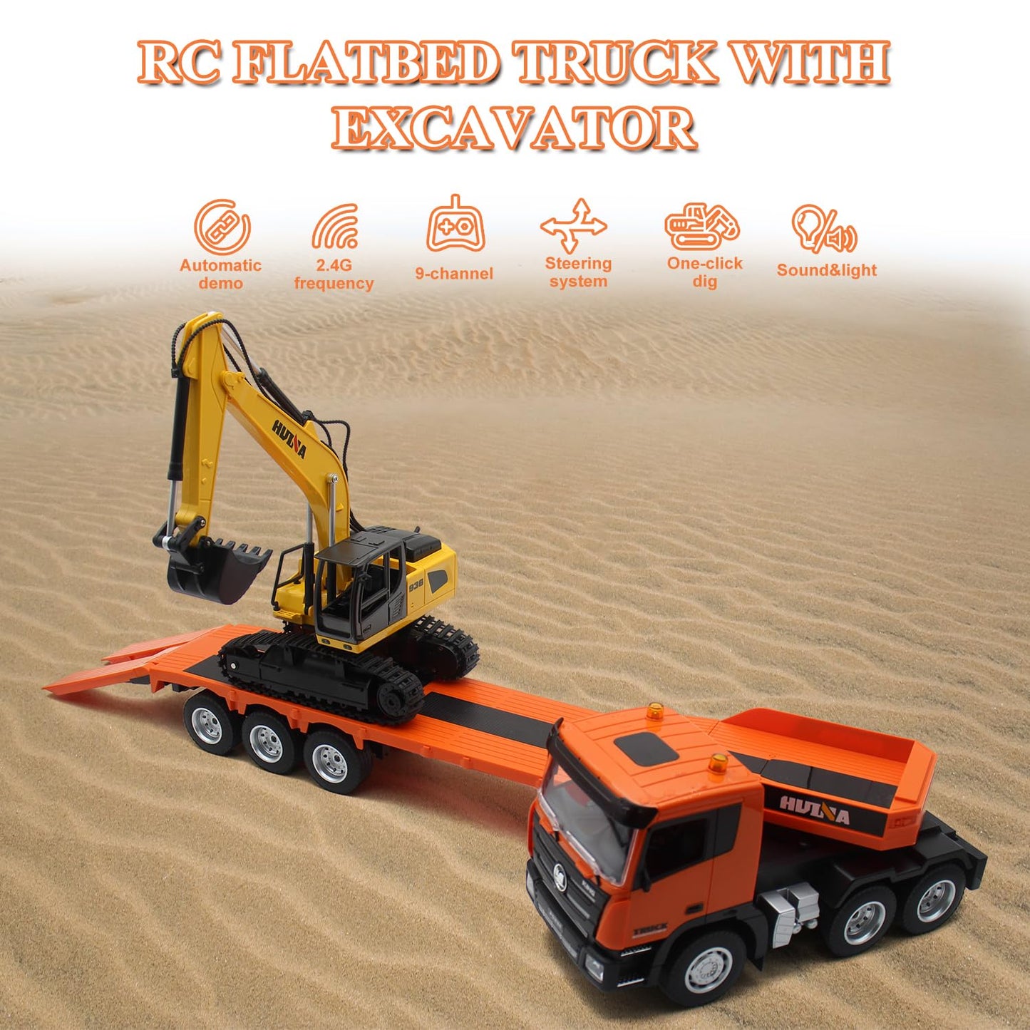 Fistone RC Semi Truck & Excavator Toy Set, 2.4Ghz Remote Control Flatbed Truck with Excavator Toys, 1:24 RC Semi-Trailer Engineering Tractor with Sound and Lights, Construction Vehicles Toy for Boys