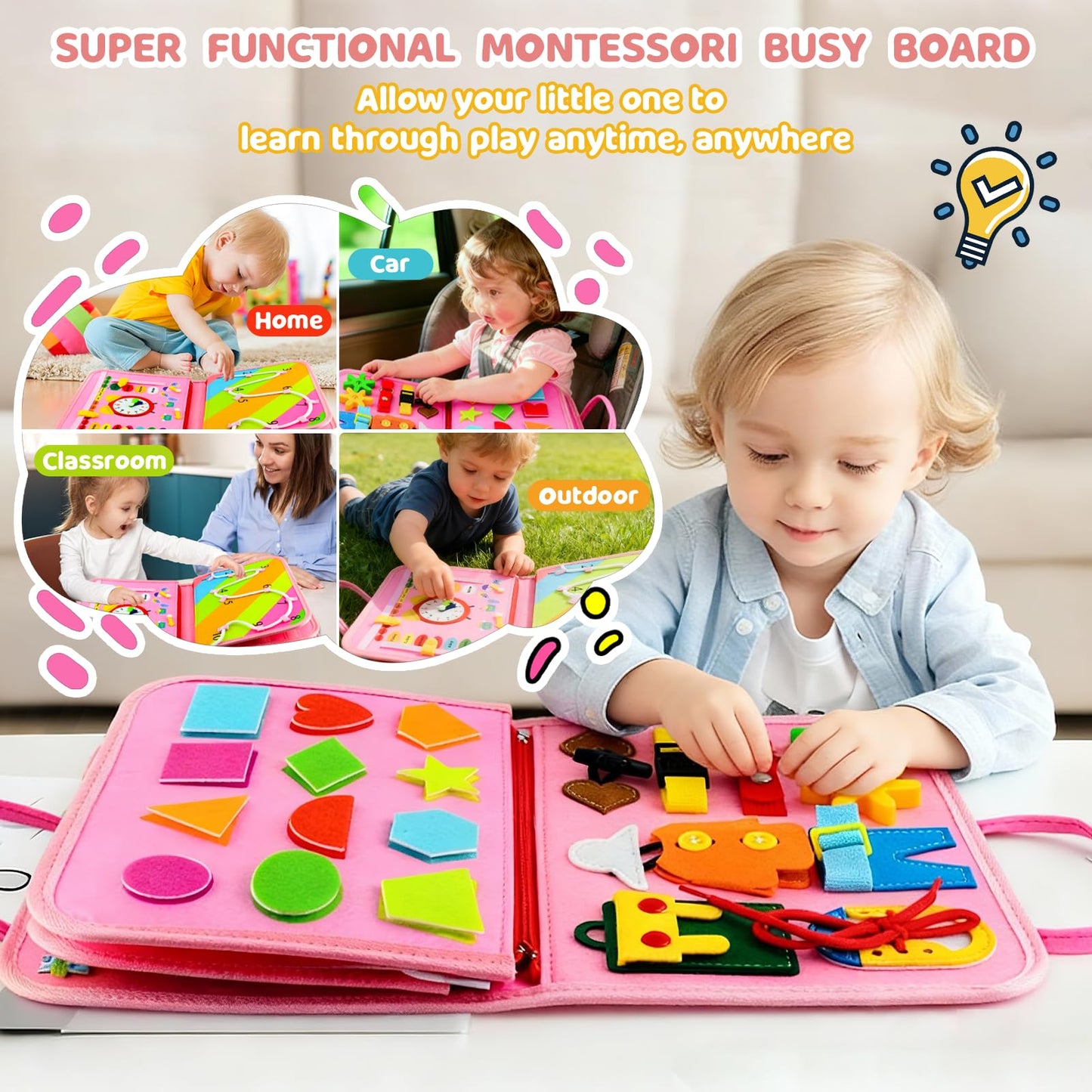 Toddler Busy Board Montessori Toys for Toddler 1-3 Year Old, Girl Birthday Gift, Preschool Educational Montessori Busy Book Board, Felt Sensory Activity Board Sorting Toy Age 2-4 with Fine Motor Skill