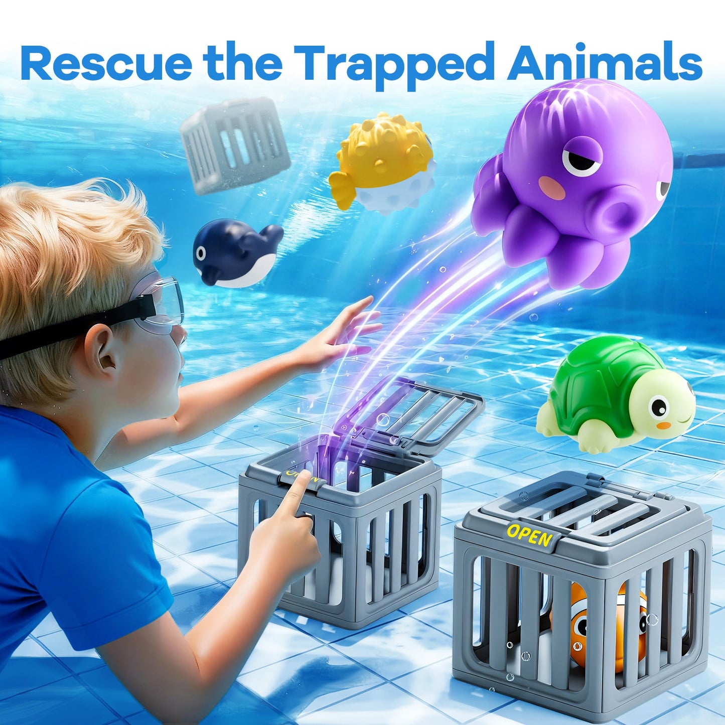 Funscape Kids Pool Diving Toys, Water Swimming Dive Pool Game, Toddler Bath Toy Play Set W/ Fish Box Floating Animals, Fun Outdoor Beach Lake Swim Summer Party Gift 3 4 5 6 7 8 10 12 Year Old Boy Girl