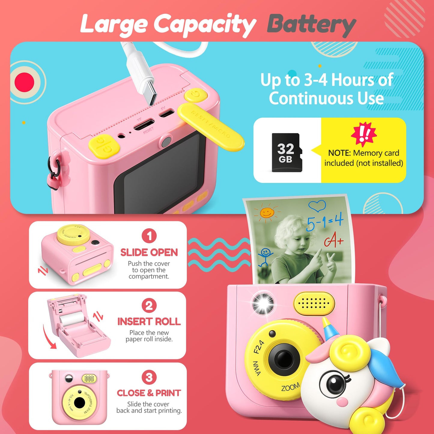 ROHSCE Instant Camera for Kids, Digital Print Camera 48MP 1080P, Color & B&W Printing, 2.4" Display, USB-C Rechargeable, 32GB Card, Christmas & Birthday Gifts for 3-12 Year Old Girls Boys (Pink)
