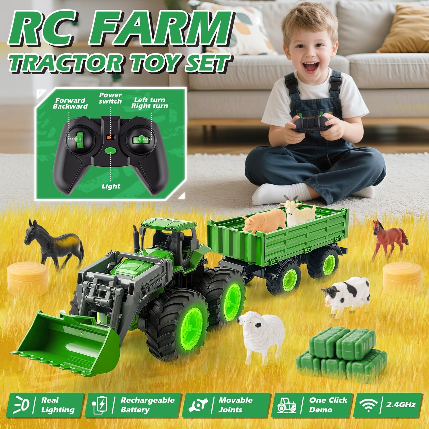 Remote Control Tractor Toy, Kids RC Tractor Set with Truck & Trailer and Light/Loading/8 Wheel, 2.4 Ghz RC Farm Vehicle Toys, Animal Farm Kids Toy for 3 4 5 6 7 8 9 Year Old Boys Girls Birthday Gift