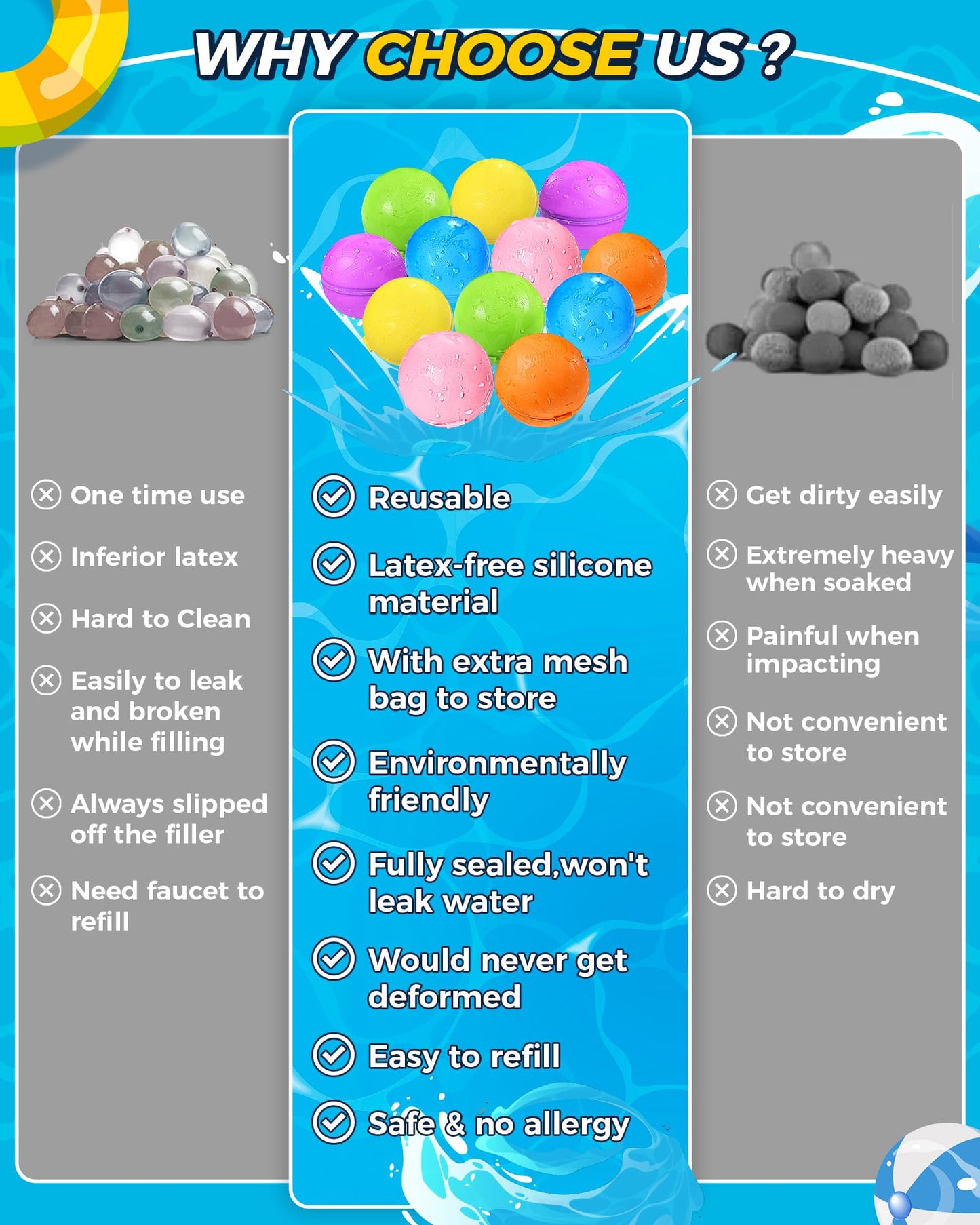 Tlitlimom 16Pcs Reusable Water Bomb Balloons, Pool Beach Toys for Kids ages 3-12, Summer Toy Water Toy for and Girls, Outdoor Activities Water Games Toys Self Sealing Water Splash Ball for Fun