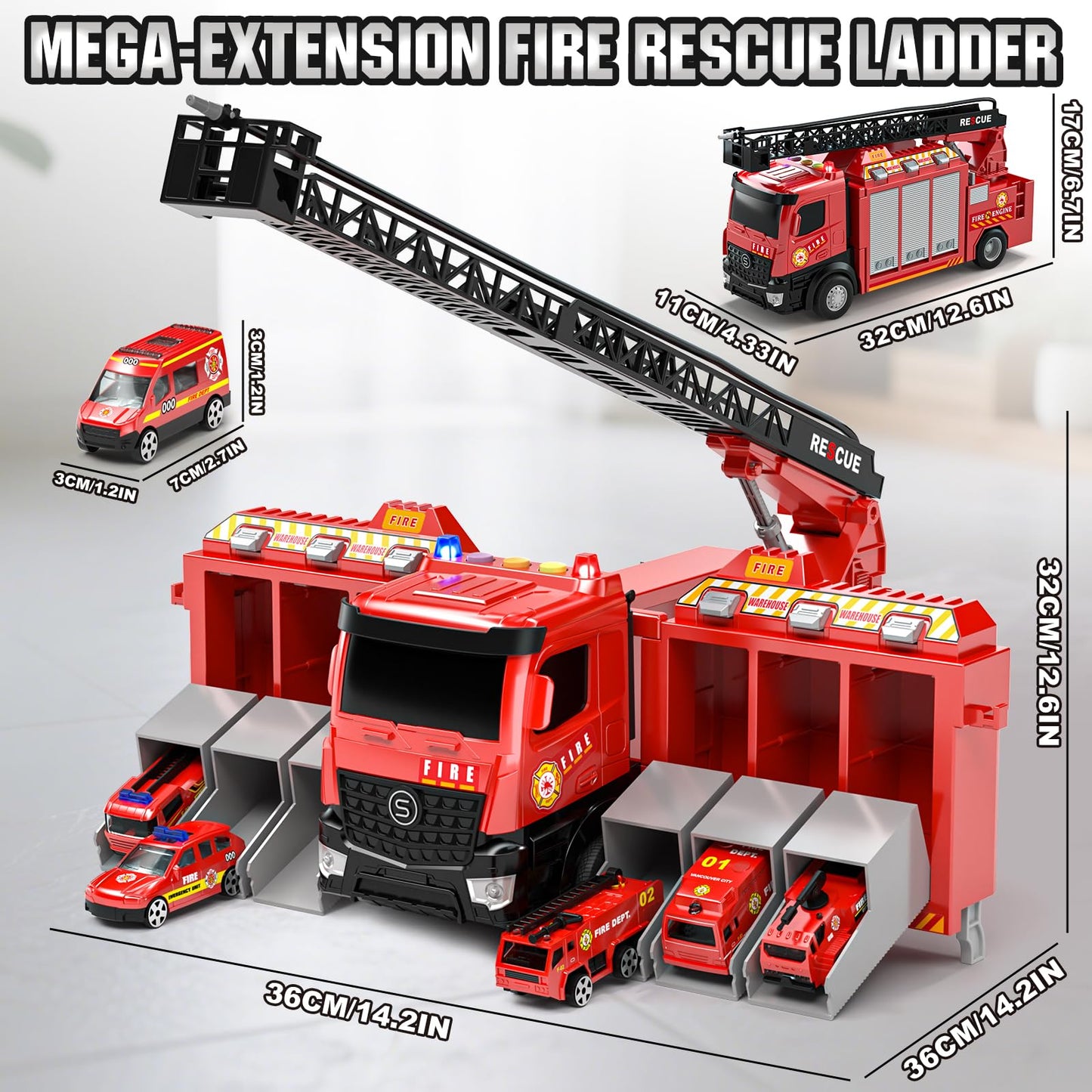 Lehoo Castle Fire Truck Toy for 3 4 5 Years Old Boys, Fire Trucks Playset with Rotating Ladder, Realistic Lights & Sounds, Birthday Gifts for Toddlers 3+